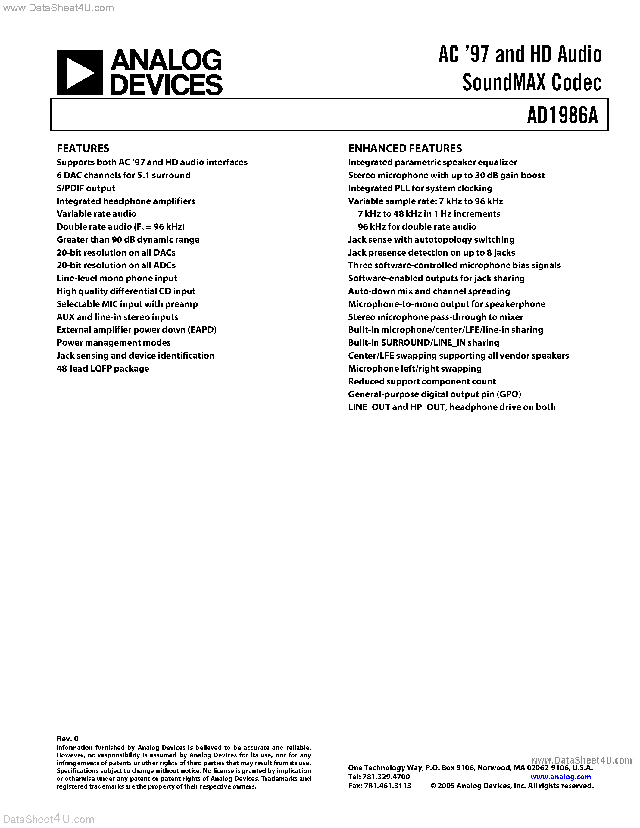 Datasheet AD1986A - HD Audio SoundMAX Codec page 1