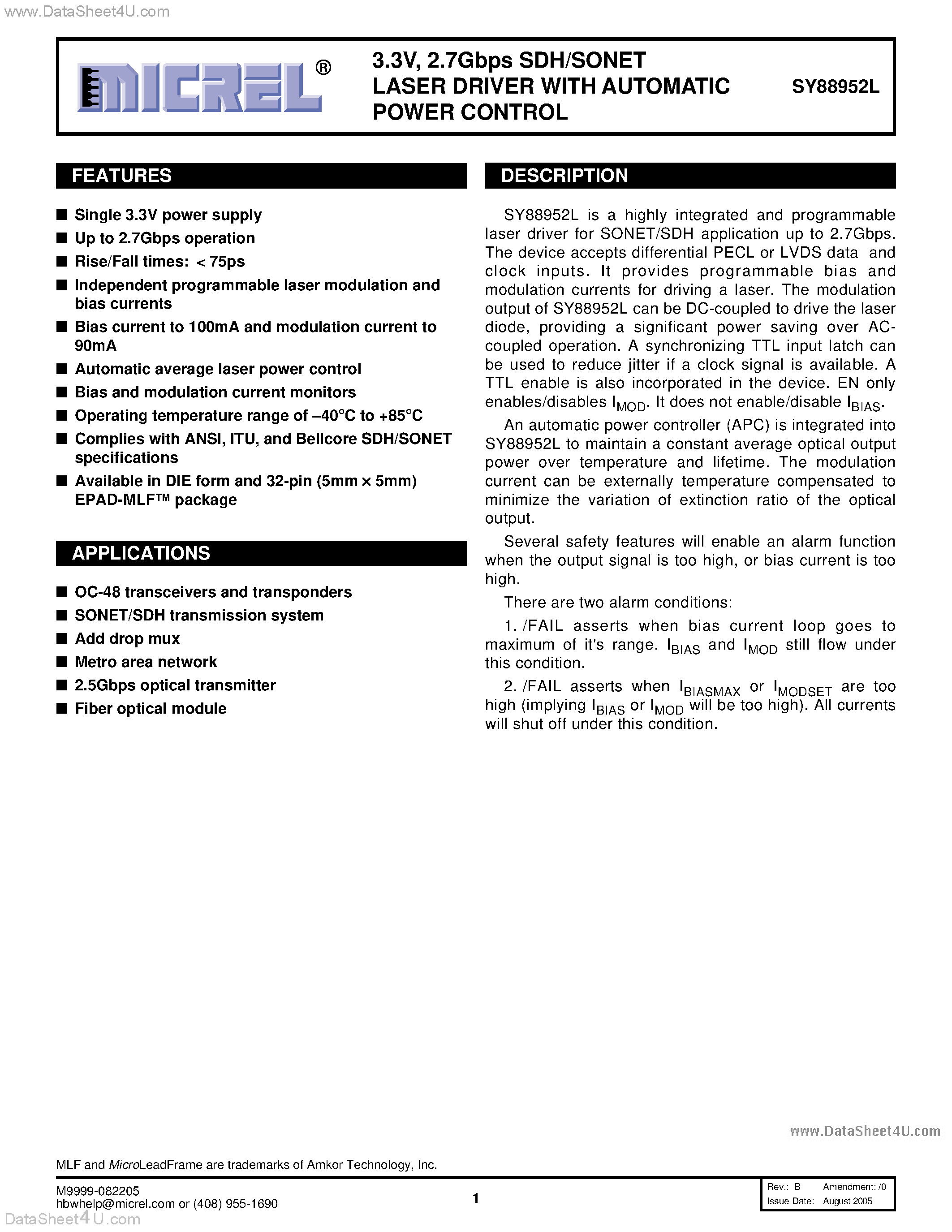 Даташит SY88952L - 2.7Gbps SDH/SONET LASER DRIVER страница 1