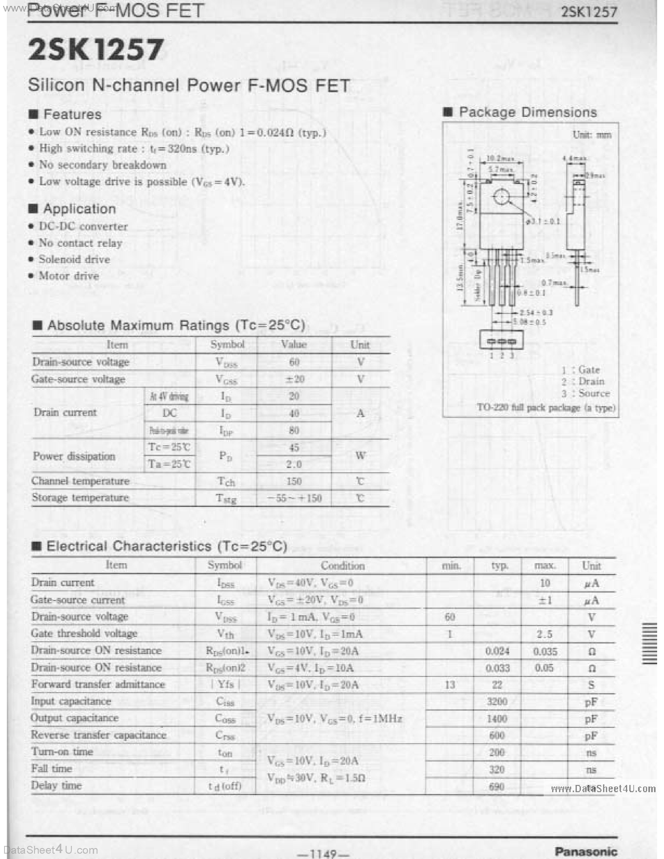 Datasheet 2SK1257 - Silicon N-channel Power F-MOS FET page 1