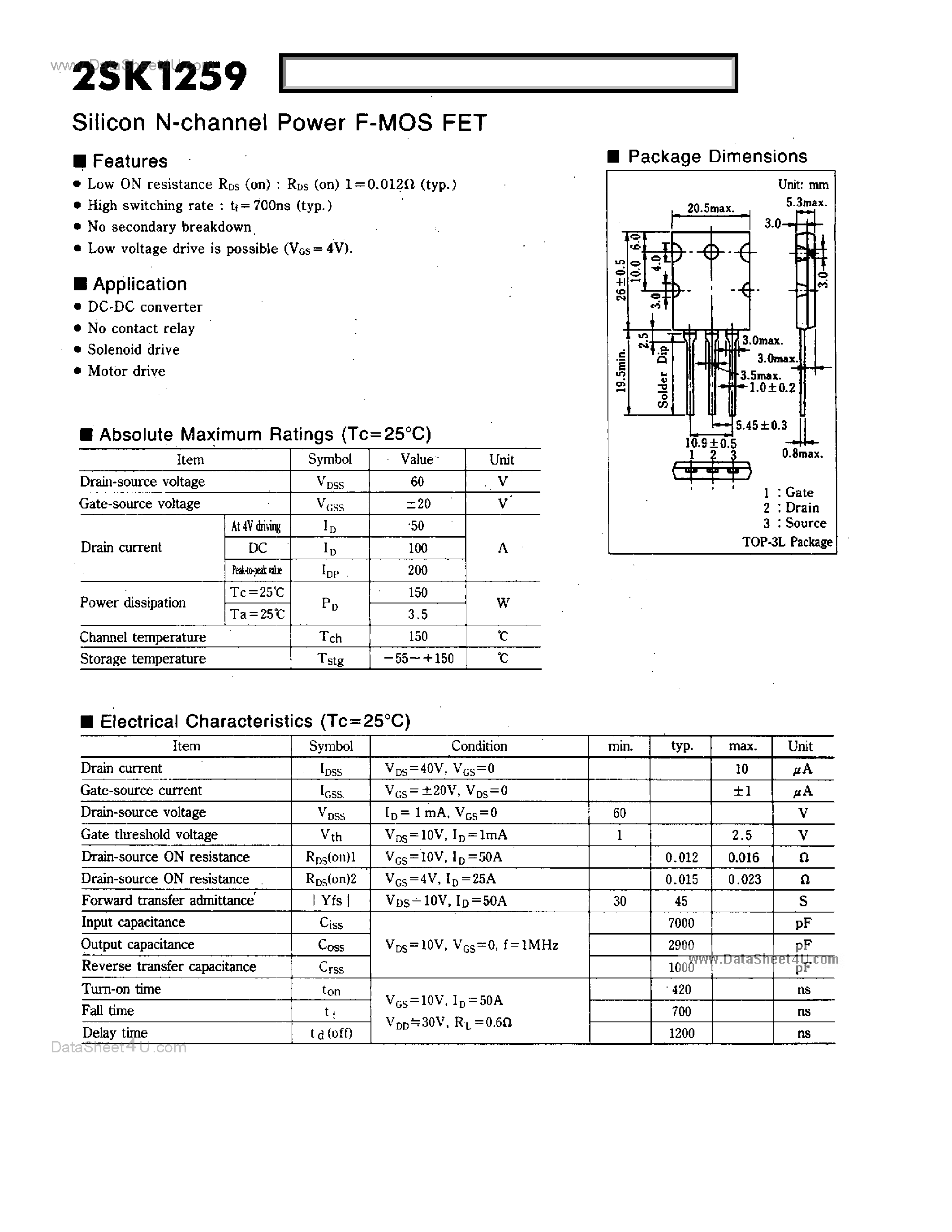 Datasheet 2SK1259 - SILICON N-CHANNEL POWER F-MOS FET page 1