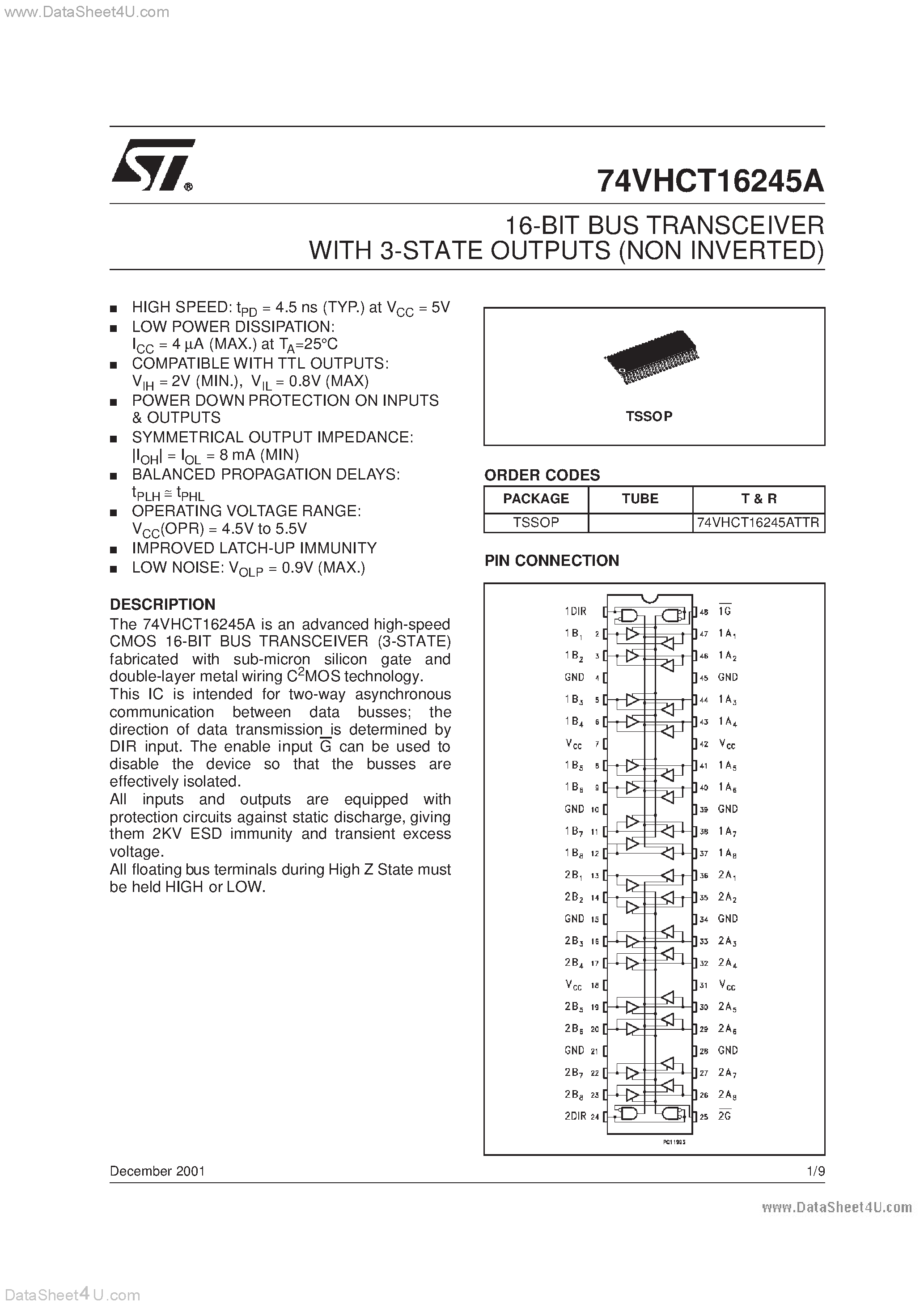 Datasheet 74VHCT16245A - 16-BIT BUS TRANSCEIVER page 1