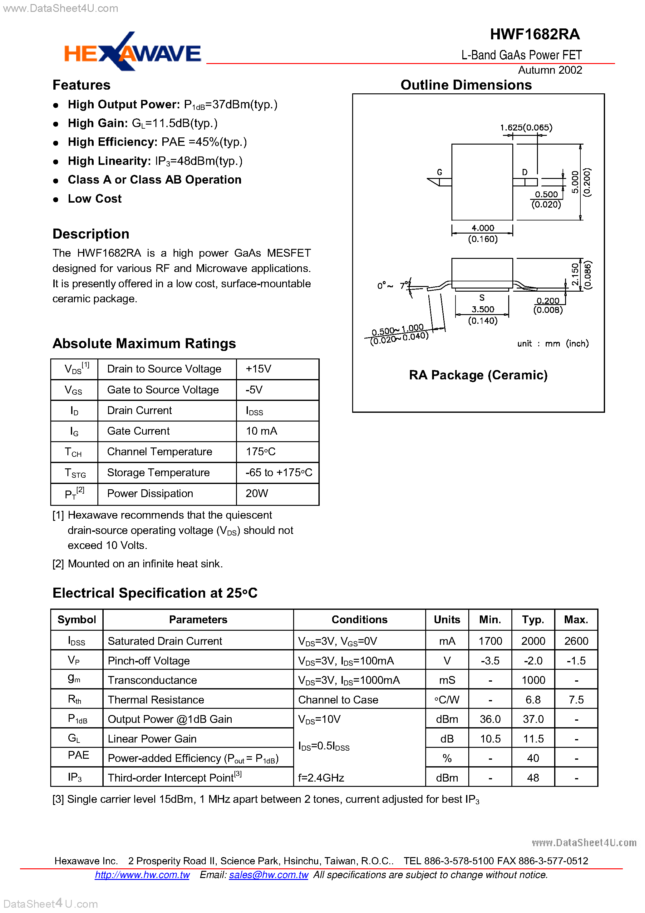 Datasheet HWF1682RA - L-Band GaAs Power FET page 1