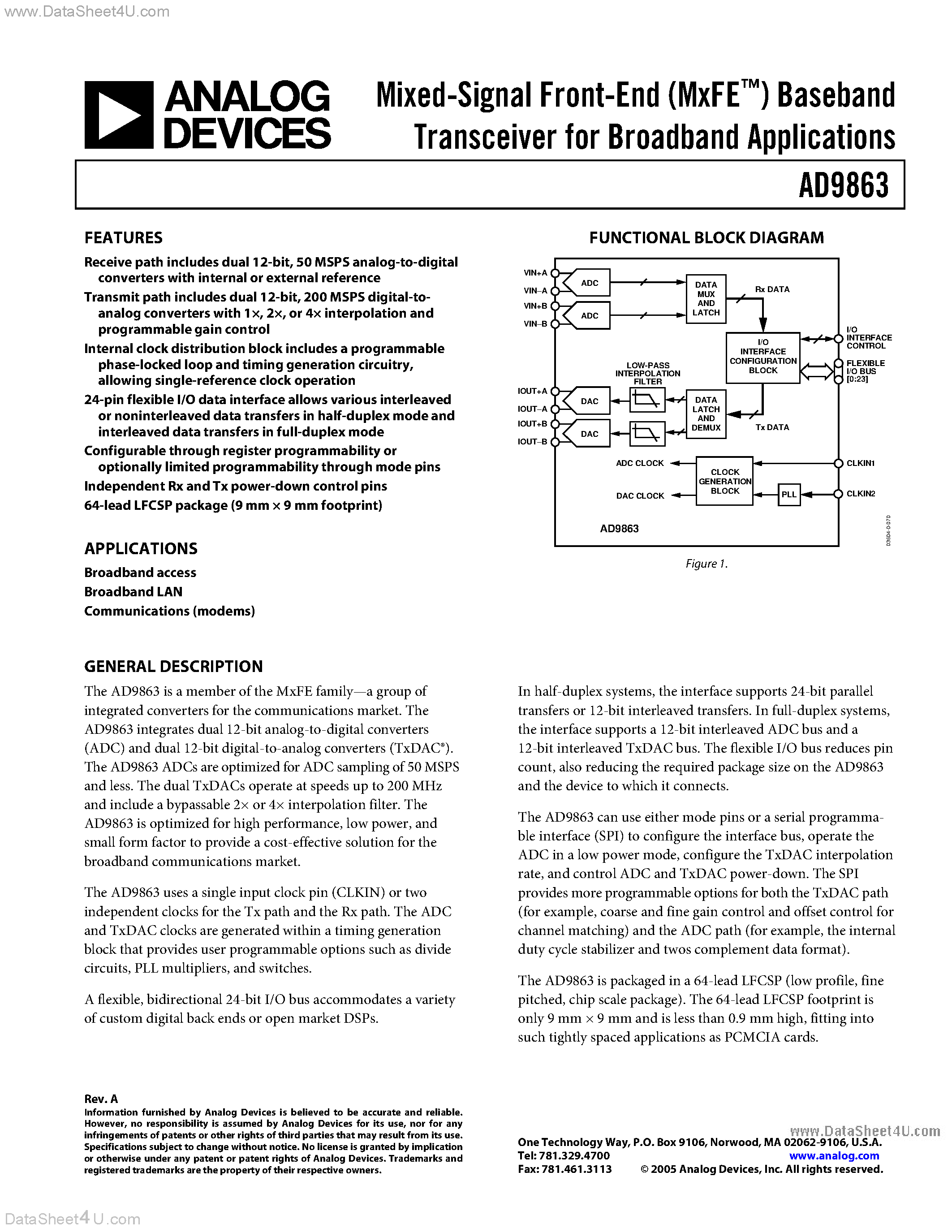 Datasheet AD9863 - Mixed-Signal Front-End (MxFE) Baseband Transceiver page 1