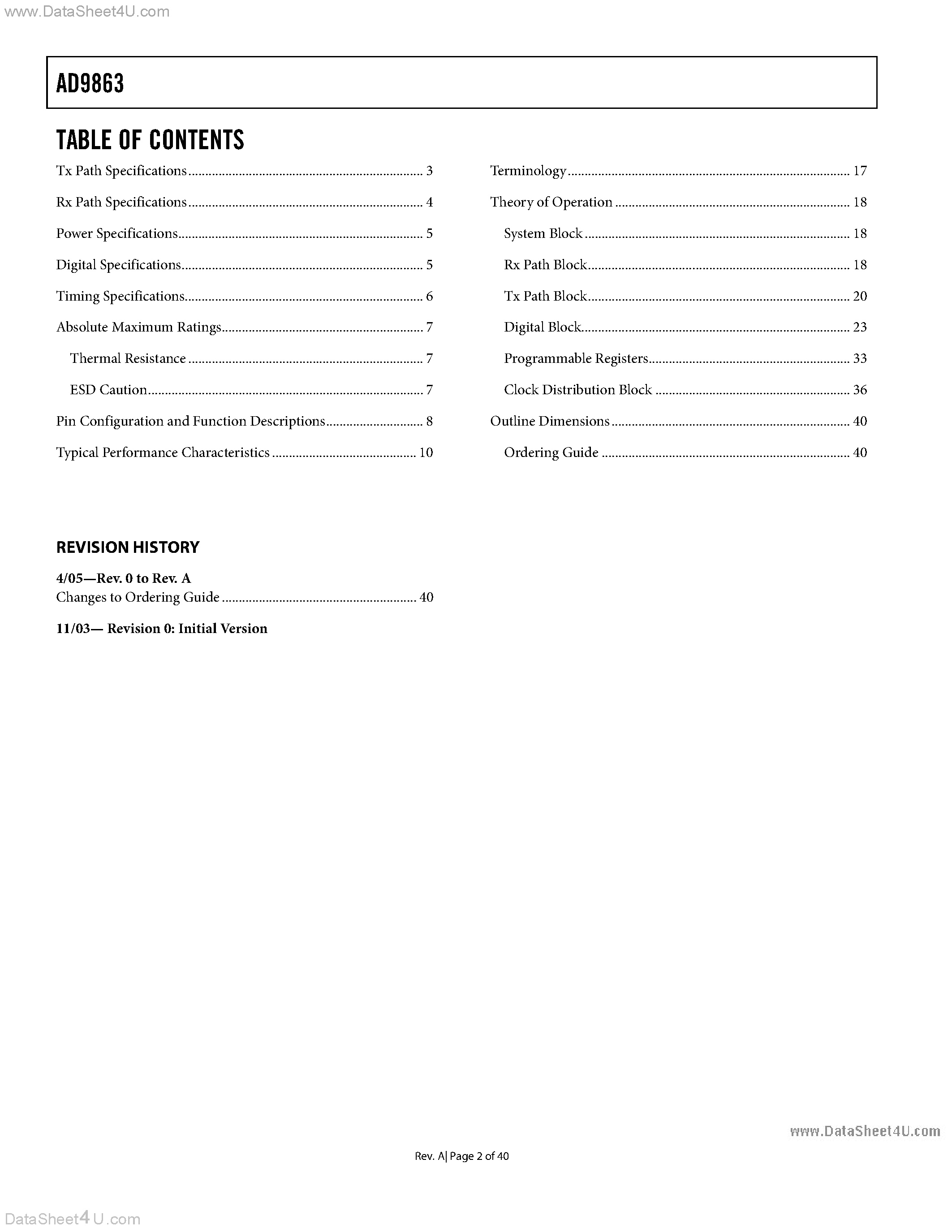 Datasheet AD9863 - Mixed-Signal Front-End (MxFE) Baseband Transceiver page 2