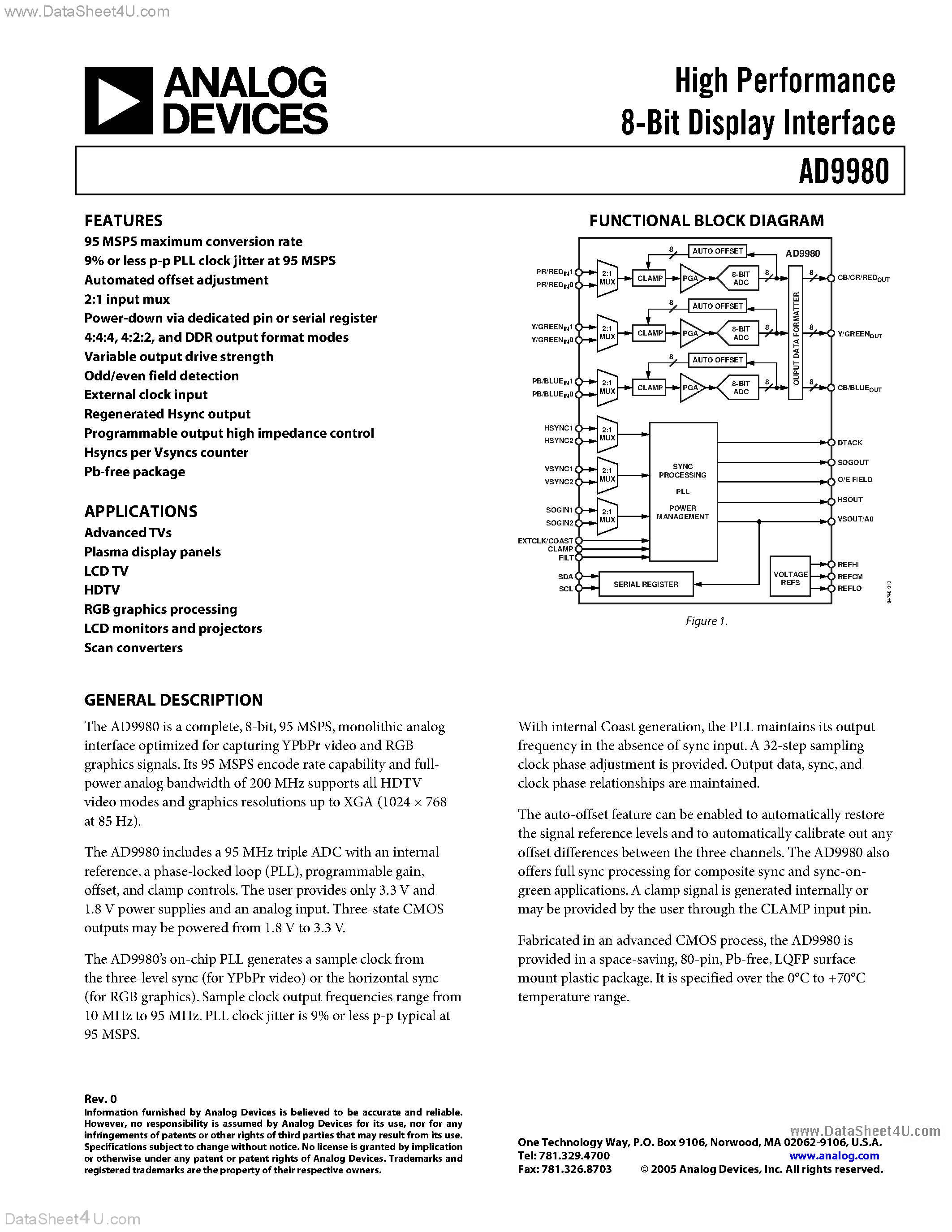 Datasheet AD9980 - High Performance 8-Bit Display Interface page 1