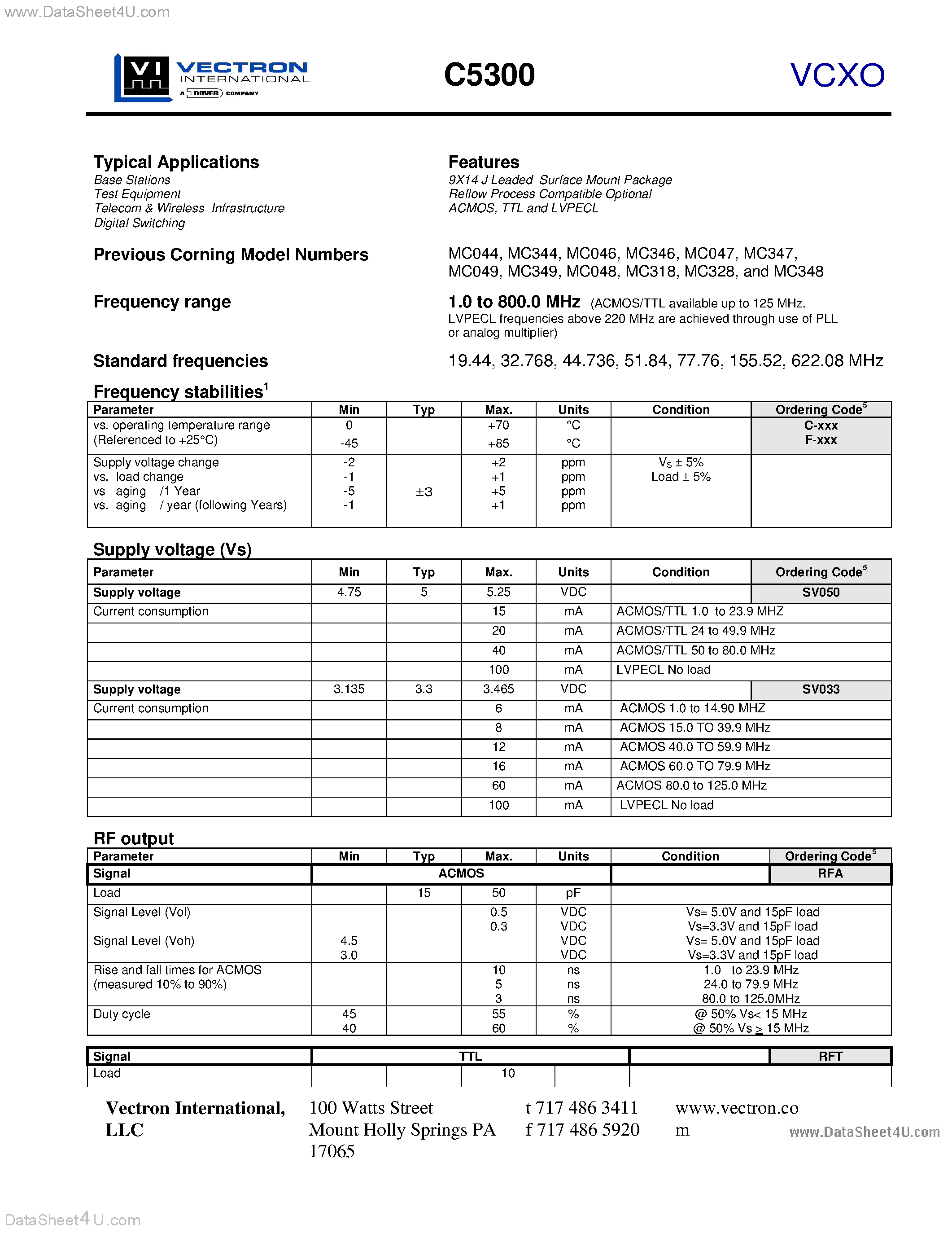 Даташит C5300 - VCXO 9X14 J Leaded Surface Mount Package Reflow Process Compatible Optional ACMOS страница 1