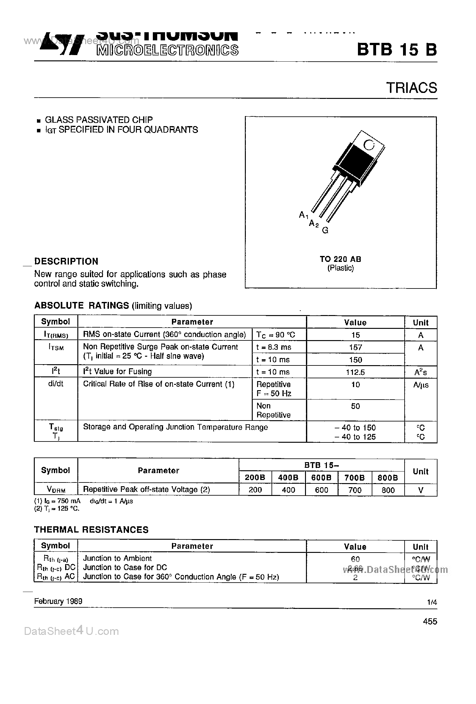 Datasheet BTB15B - TRIAC page 1