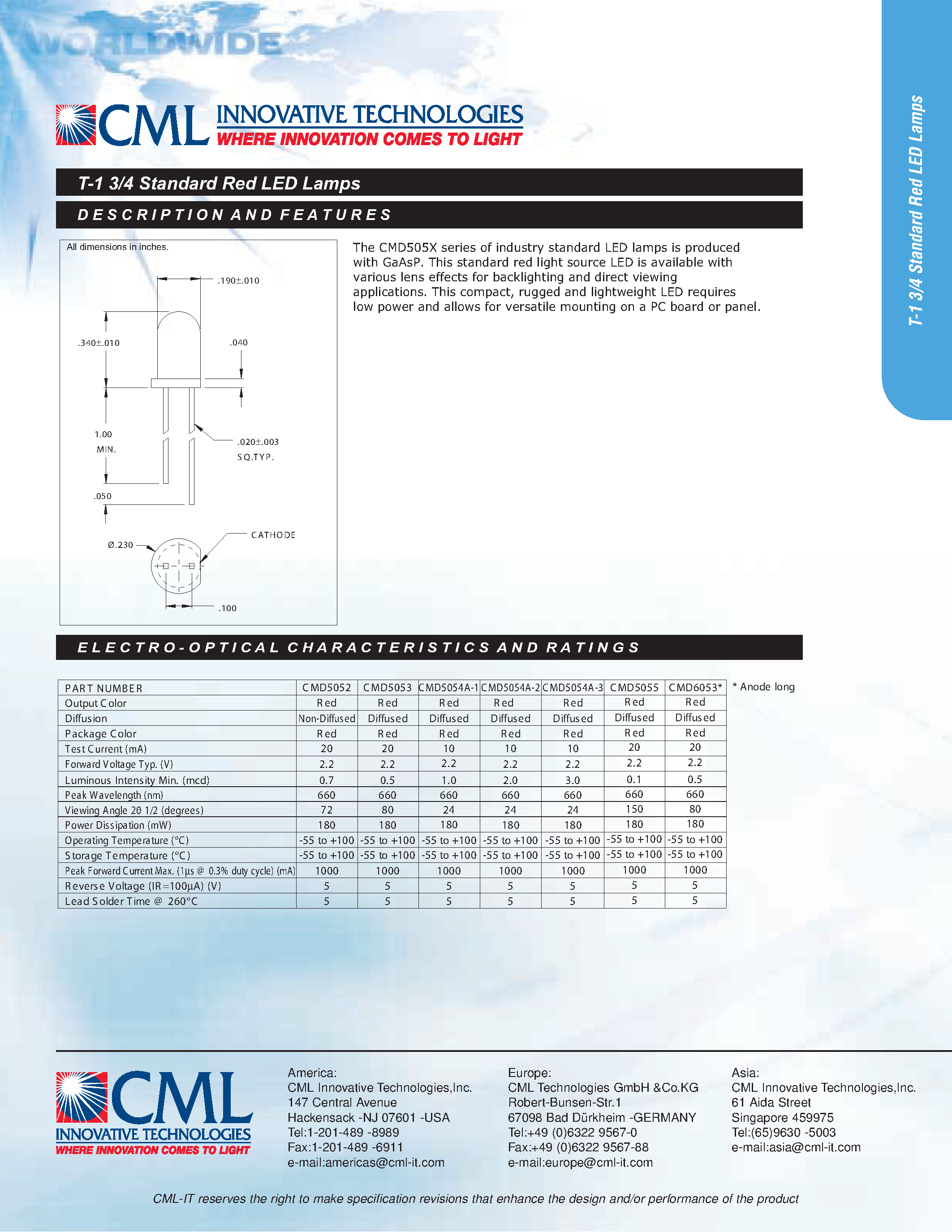 Даташит CMD5052 - (CMD5052 - CMD6053) T-1 3/4 Standard Red LED Lamps страница 1