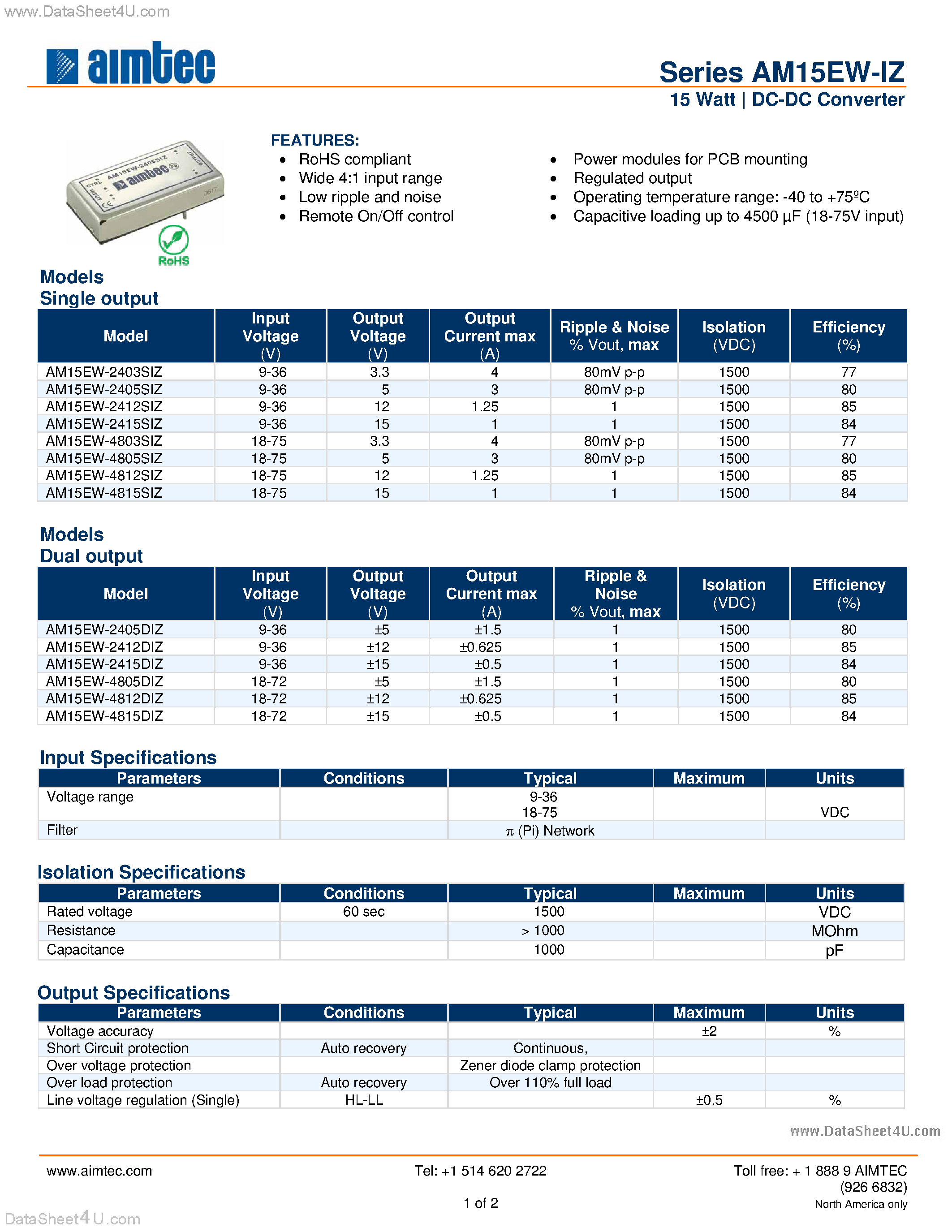 Даташит AM15EW-IZ - 15 Watt DC-DC Converter страница 1