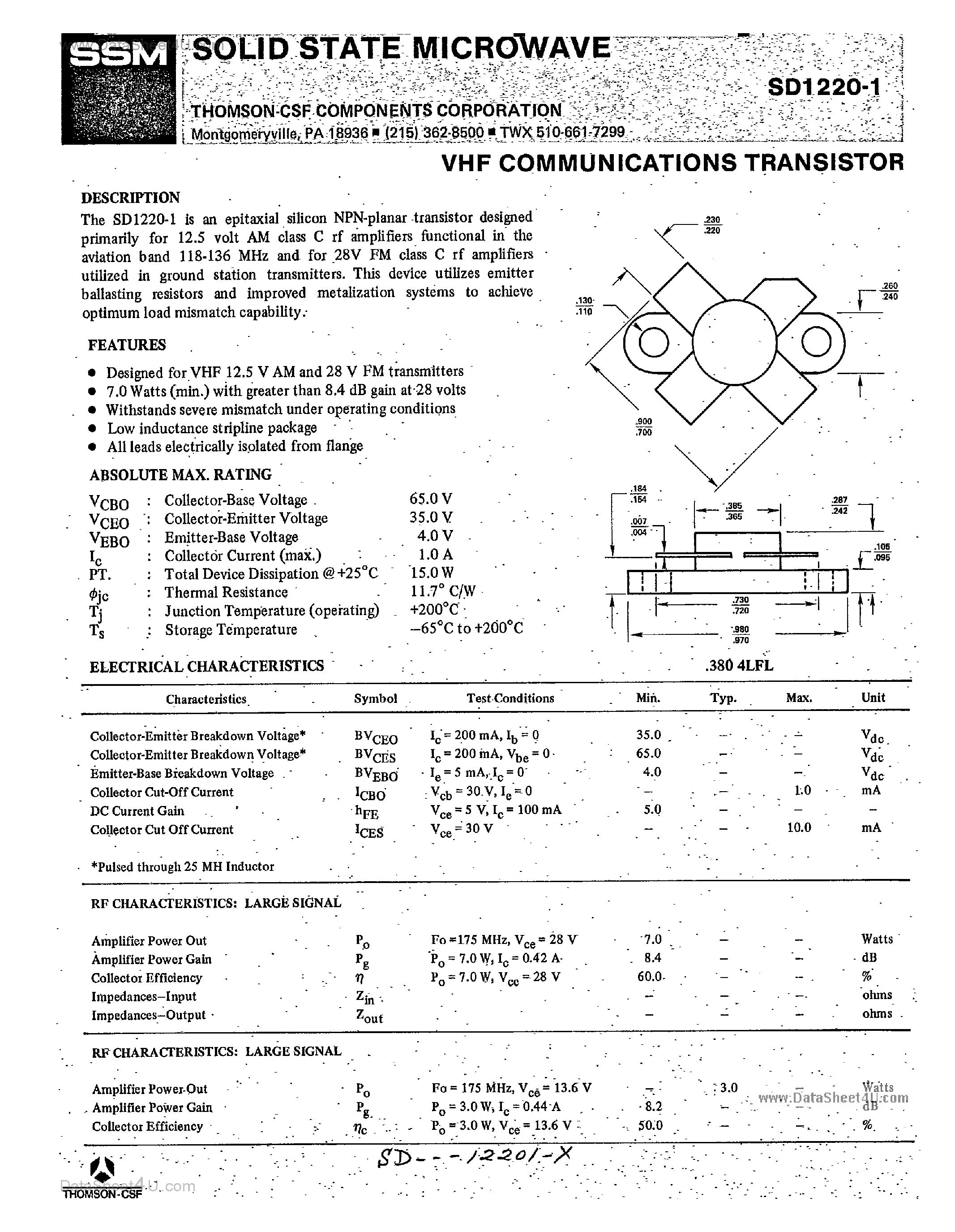 Datasheet SD1220-1 - VHF Communications Transistors page 1