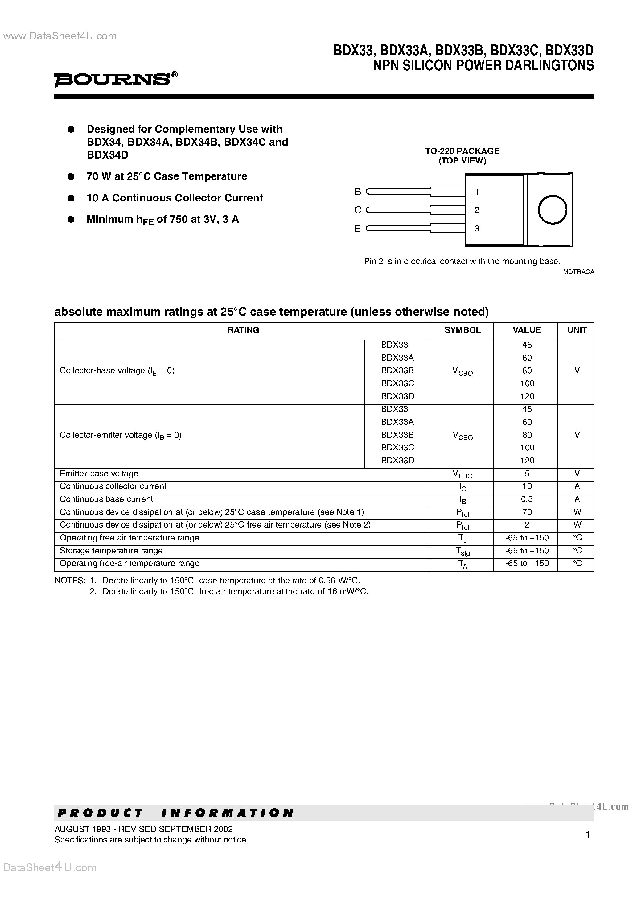 Даташит BDX33 - NPN SILICON POWER DARLINGTONS страница 1