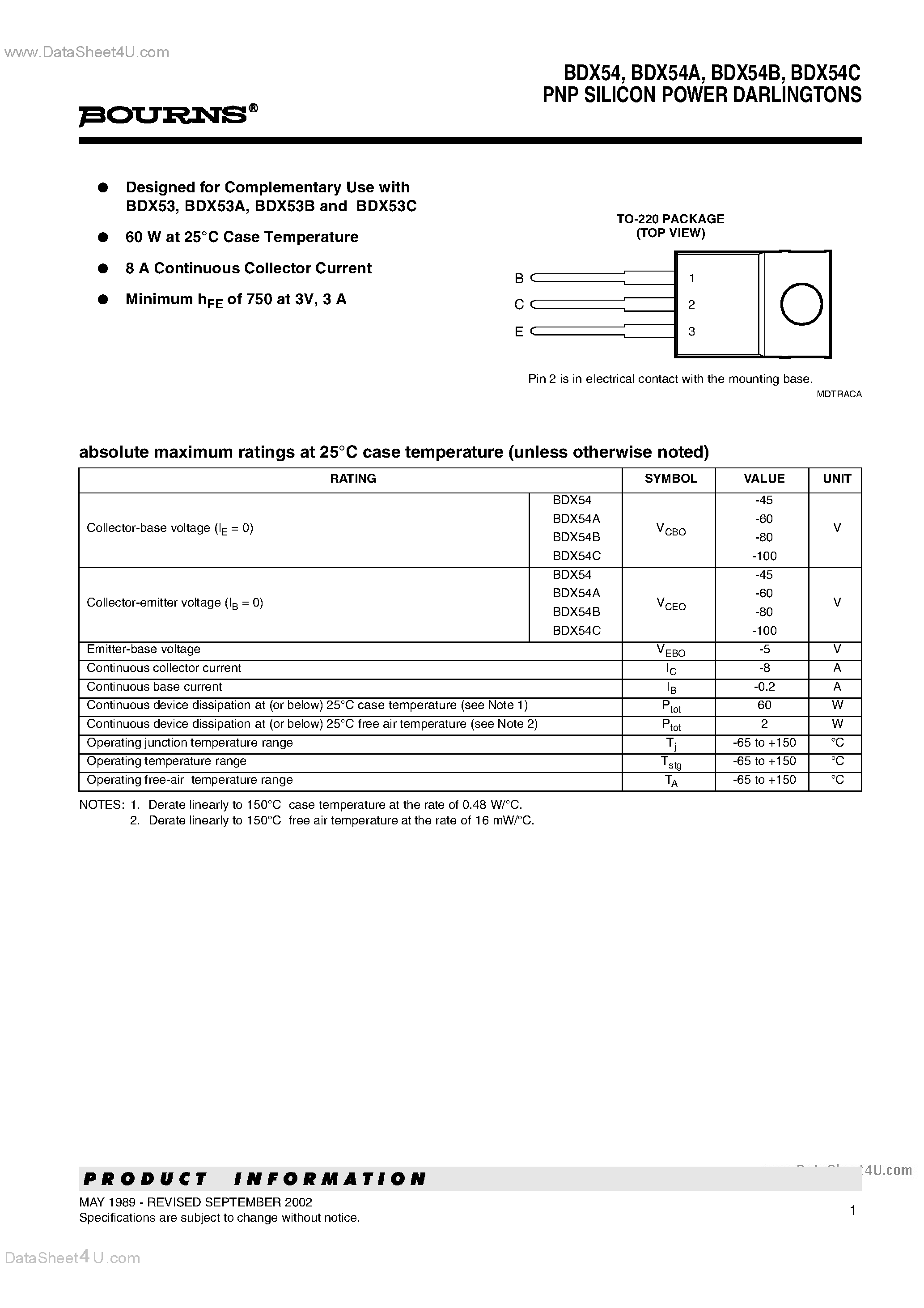 Даташит BDX54 - PNP SILICON POWER DARLINGTONS страница 1