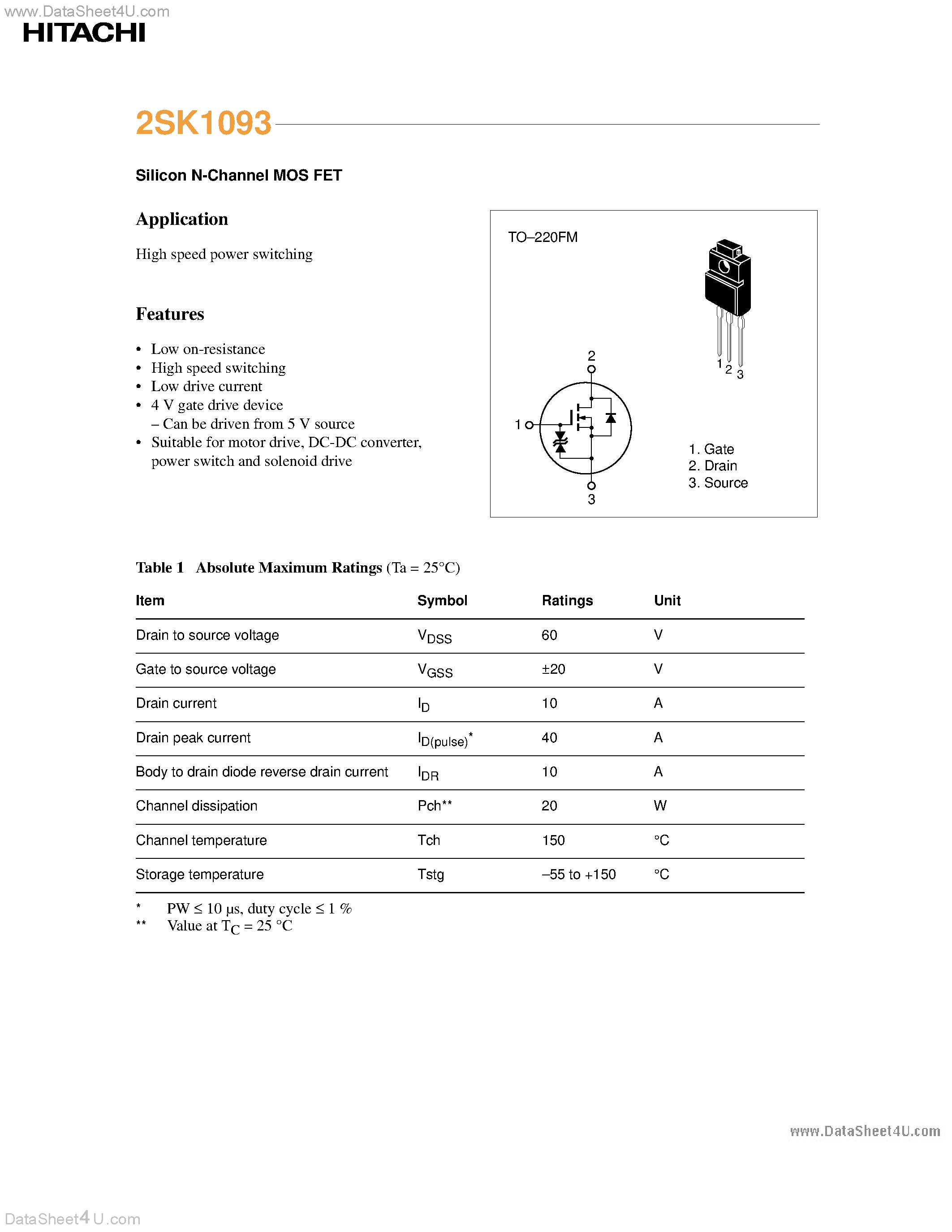 Datasheet 2SK1093 - Silicon N-Channel MOS FET page 1