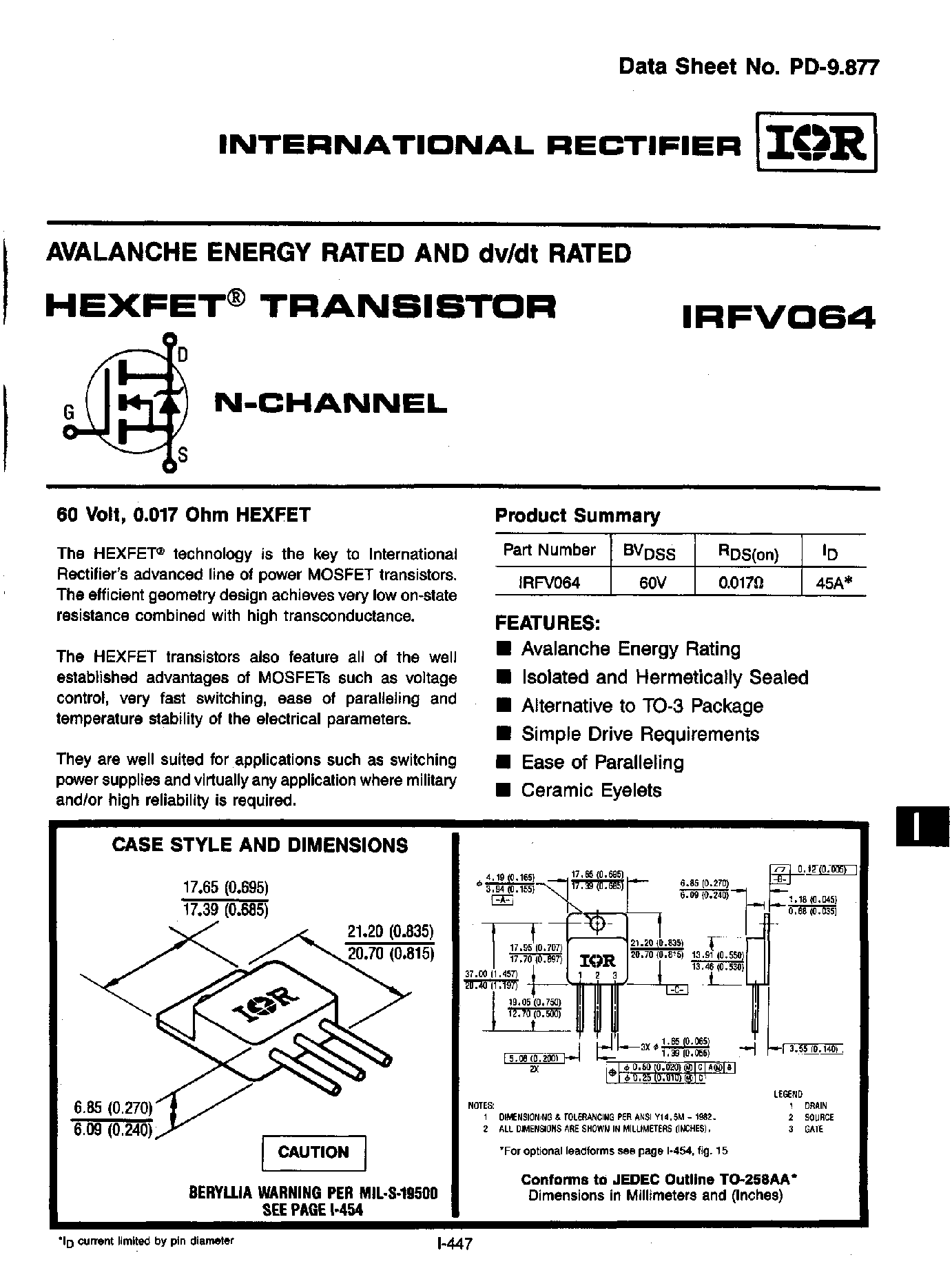 Даташит IRFV064 - HEXFET TRANSISTOR страница 1