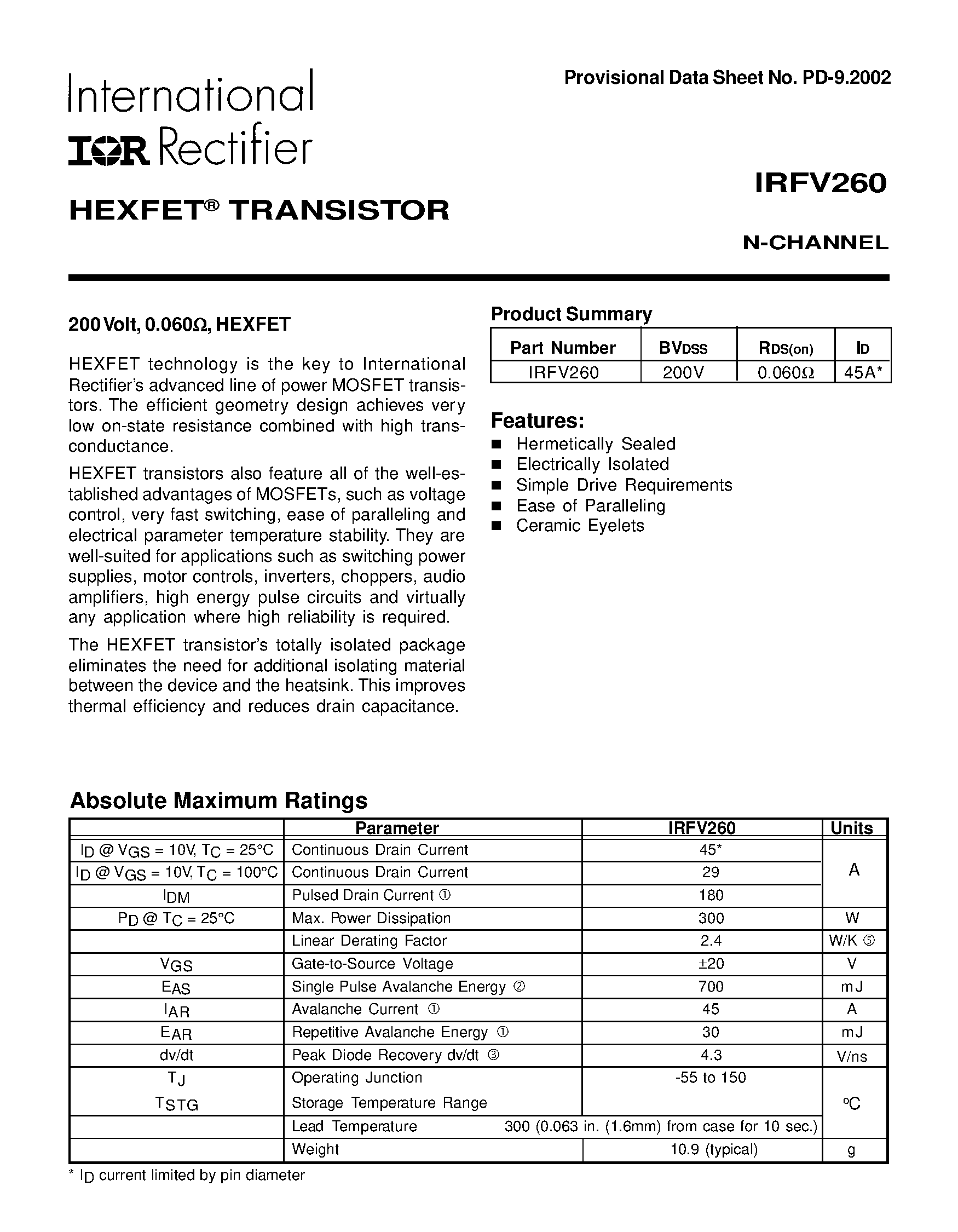 Даташит IRFV260 - TRANSISTOR N-CHANNEL страница 1