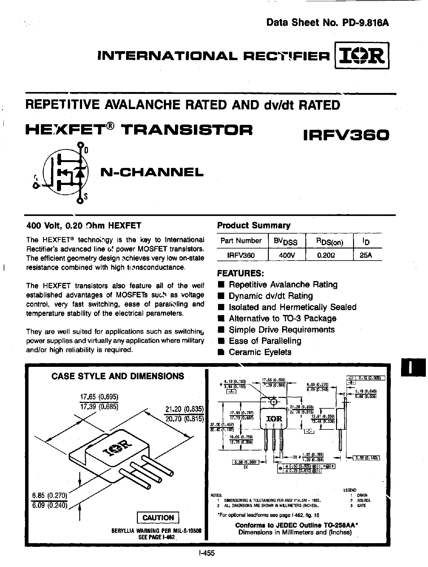 Даташит IRFV360 - REPETITIVE AVALANCHE RATED AND dv/dt RATED HEXFET TRANSISTOR страница 1