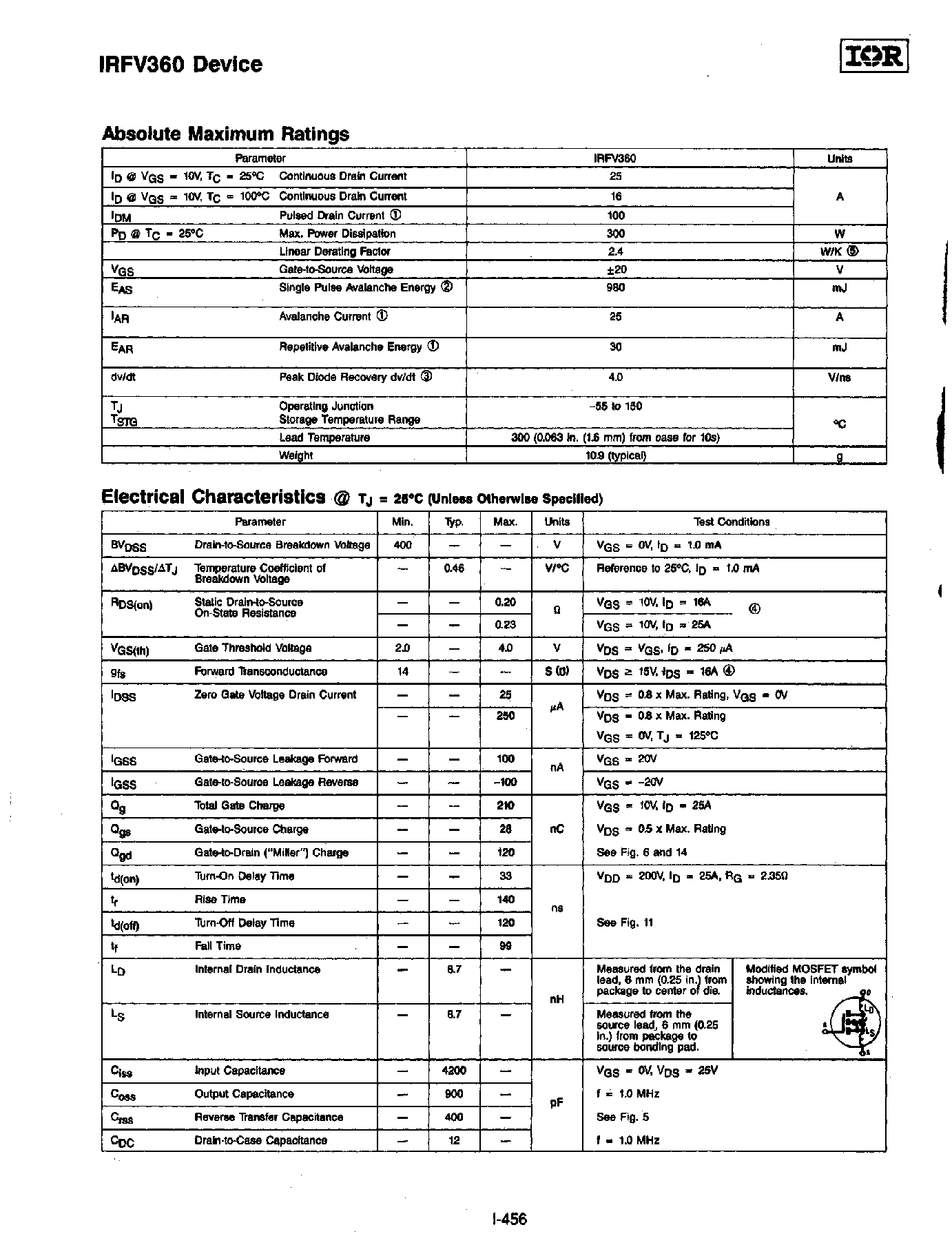 Даташит IRFV360 - REPETITIVE AVALANCHE RATED AND dv/dt RATED HEXFET TRANSISTOR страница 2