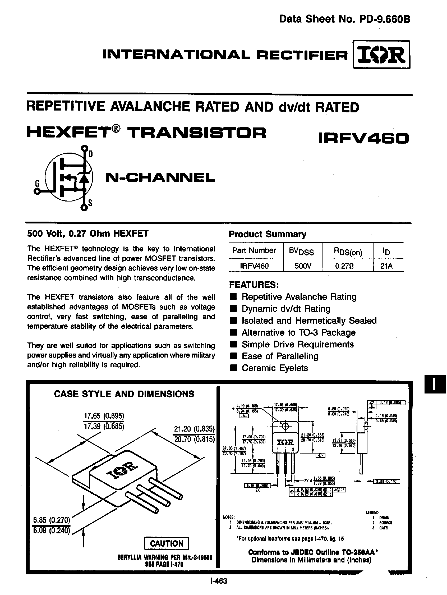 Даташит IRFV460 - REPETITIVE AVALANCHE RATED AND dv/dt RATED страница 1