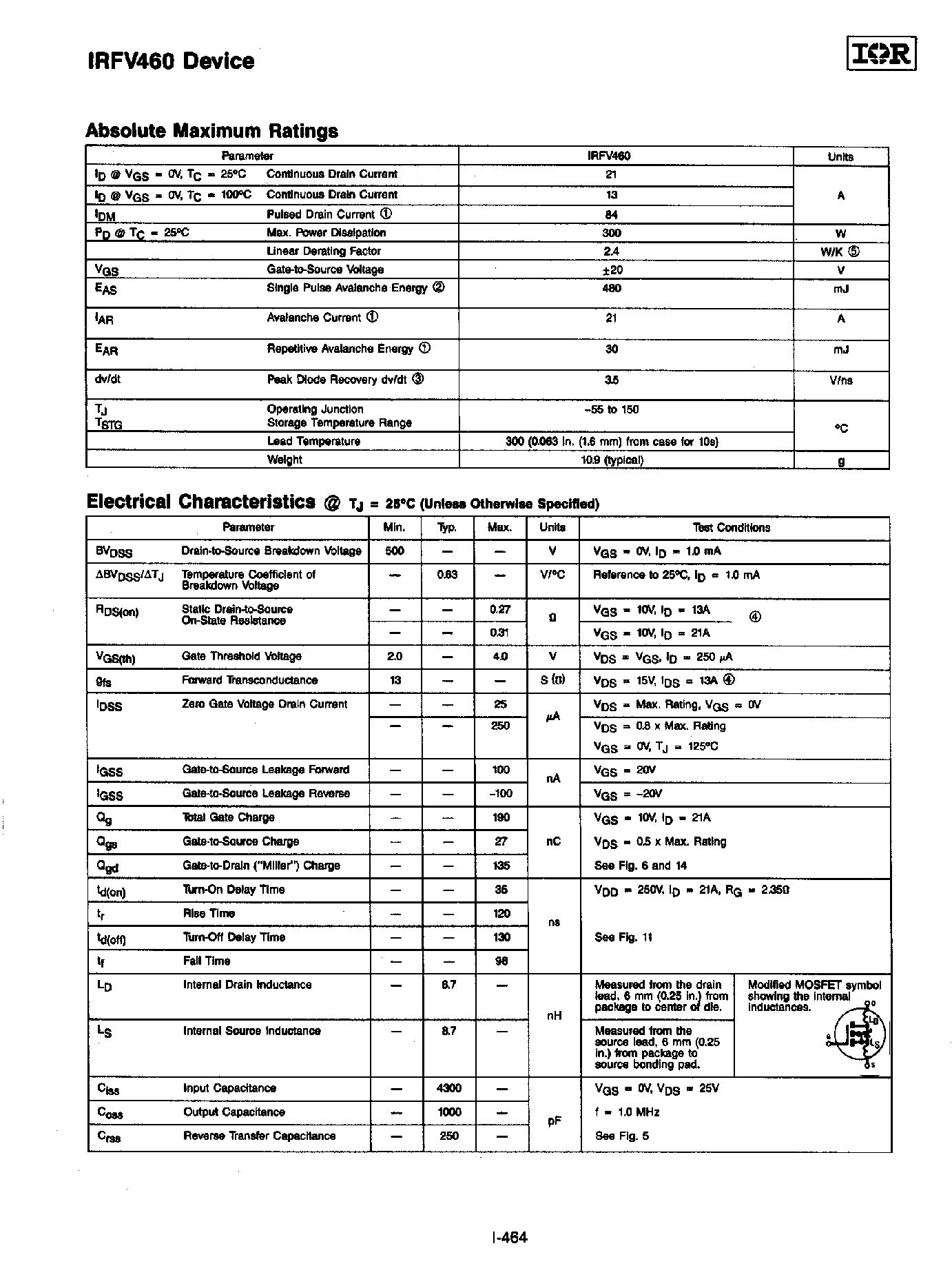 Даташит IRFV460 - REPETITIVE AVALANCHE RATED AND dv/dt RATED страница 2