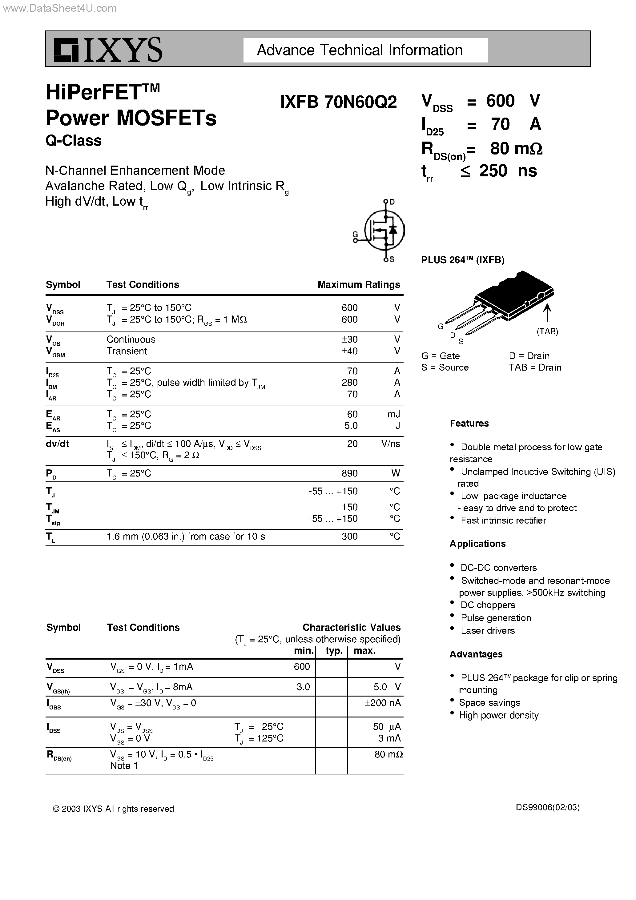 Datasheet IXFB70N60Q2 - HiPerFET Power MOSFET Q-Class page 1