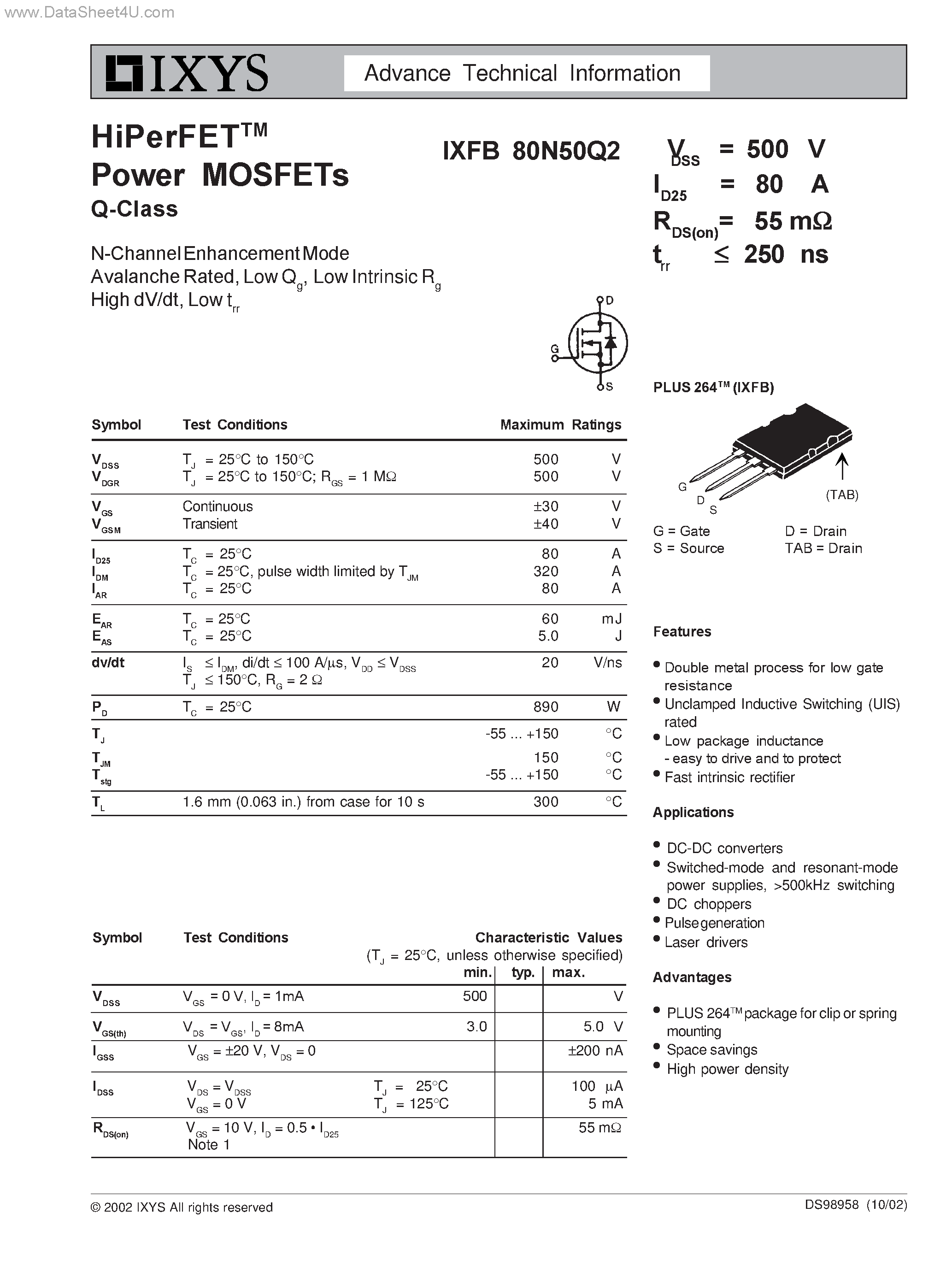 Datasheet IXFB80N50Q2 - HiPerFET Power MOSFETs Q-Class page 1