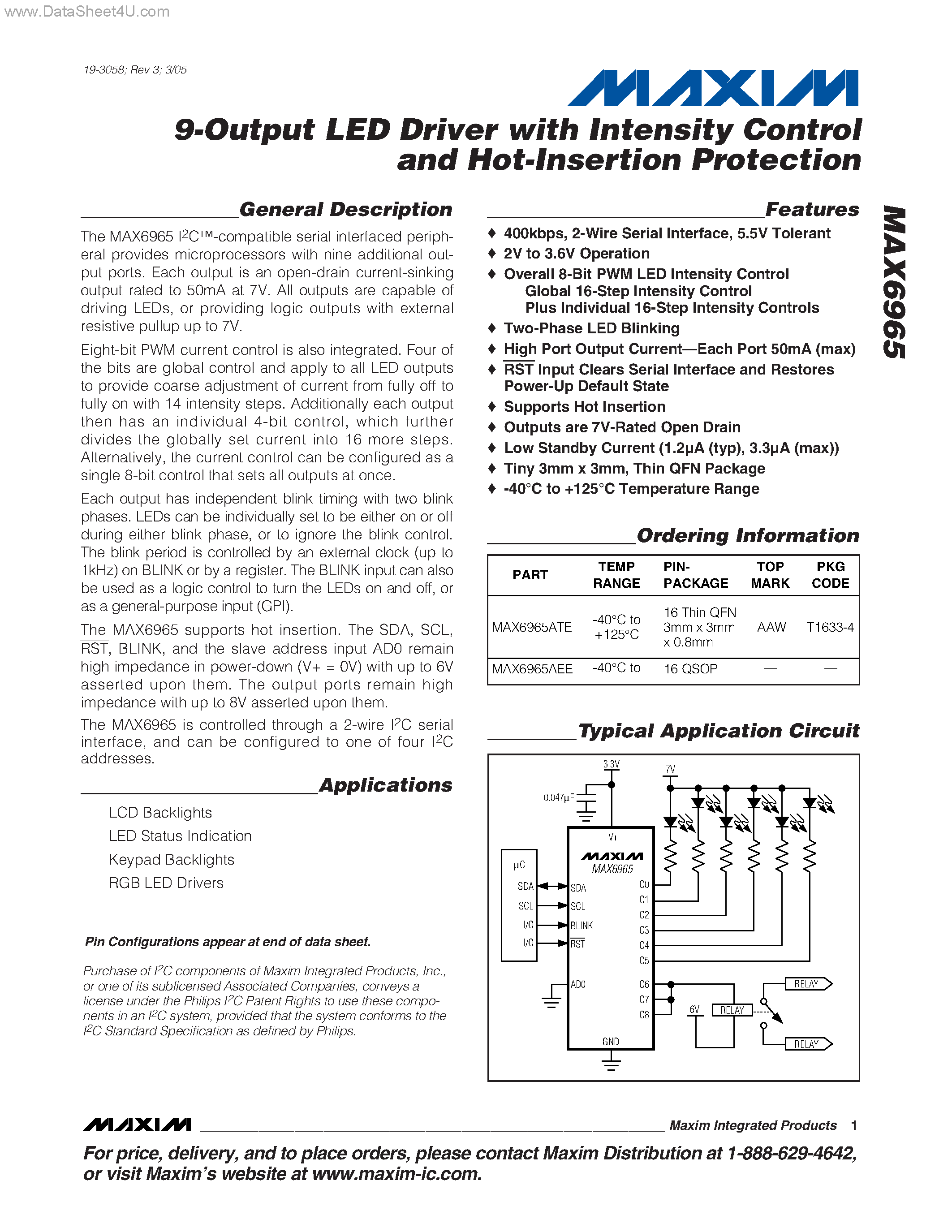 Даташит MAX6965 - 9-Output LED Driver страница 1