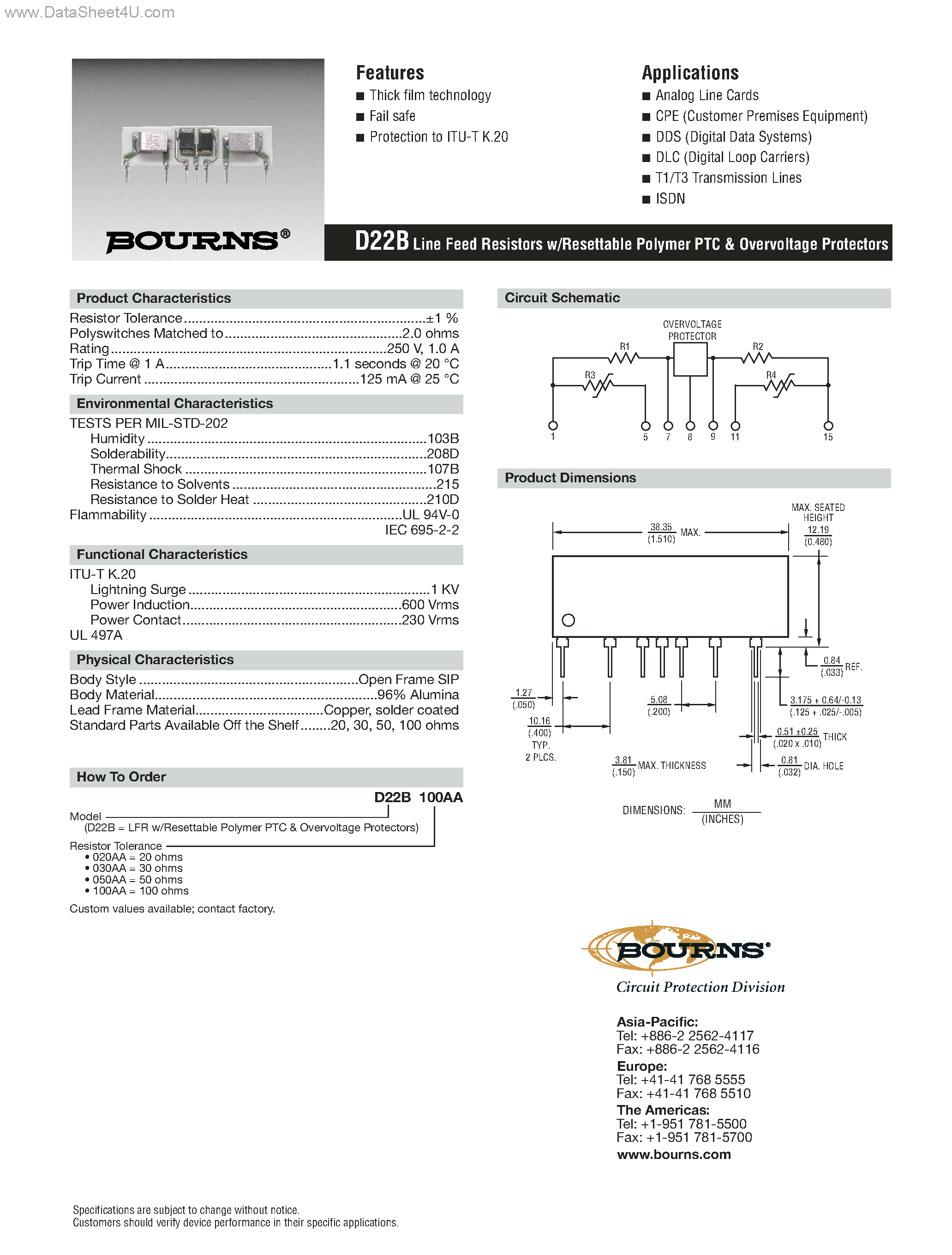 Даташит D22B - Line Feed Resistors w/Resettable Polymer PTC & Overvoltage Protectors страница 1