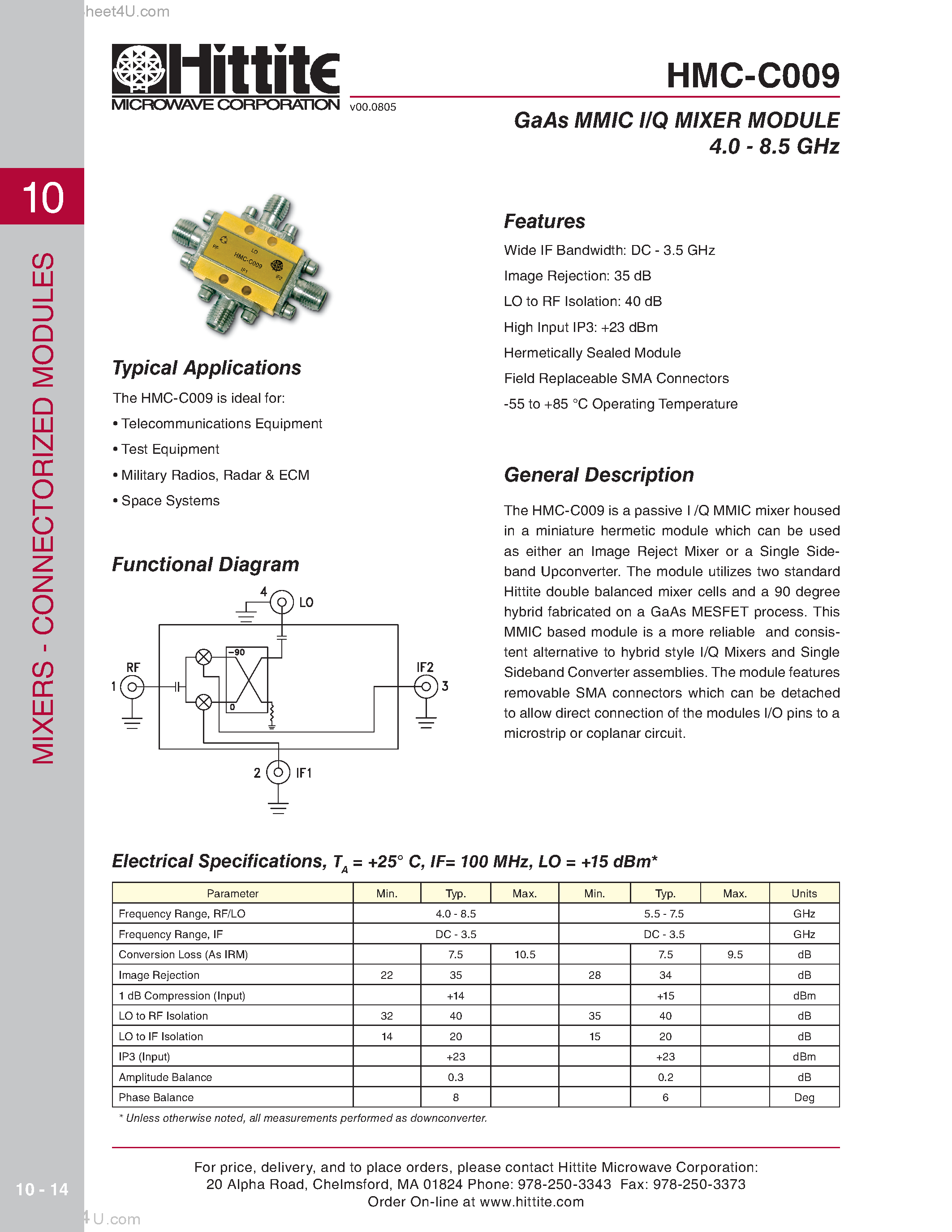 Datasheet HMC-C009 - GaAs MMIC I/Q MIXER MODULE page 1