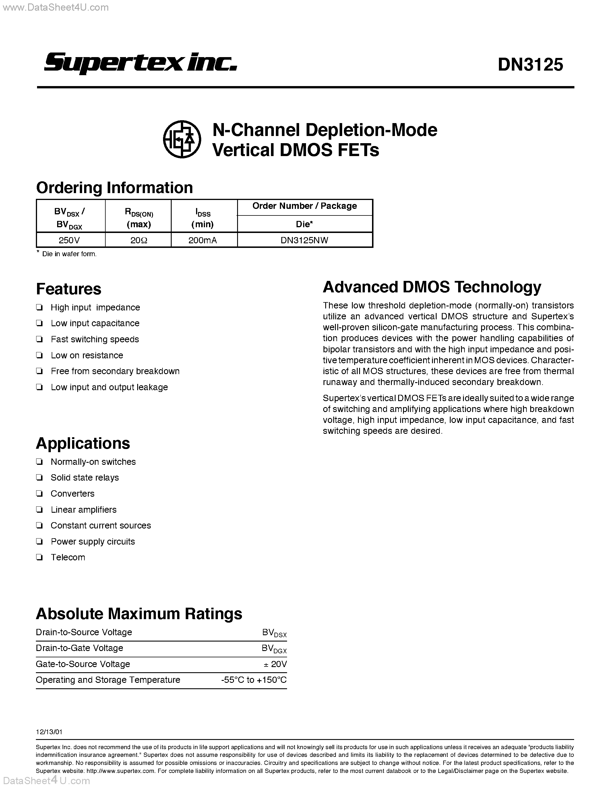 Даташит DN3125 - N-Channel Depletion-Mode Vertical DMOS FETs страница 1