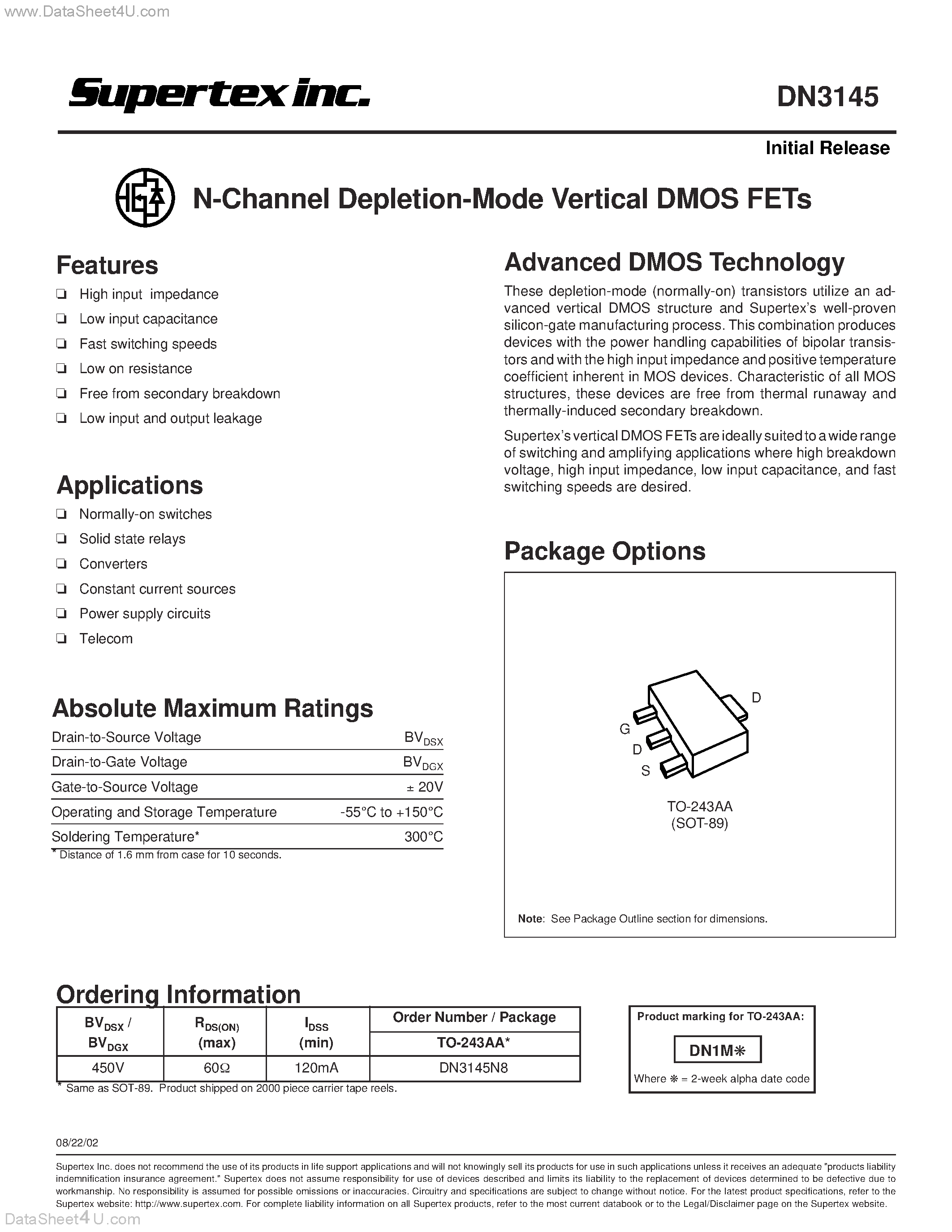 Даташит DN3145 - N-Channel Depletion-Mode Vertical DMOS FETs страница 1