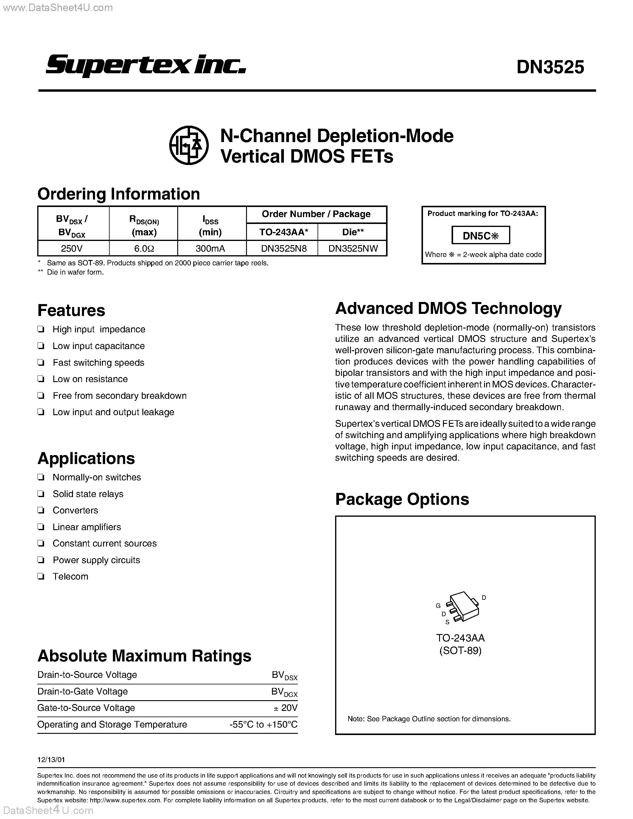 Даташит DN3525 - N-Channel Depletion-Mode Vertical DMOS FETs страница 1