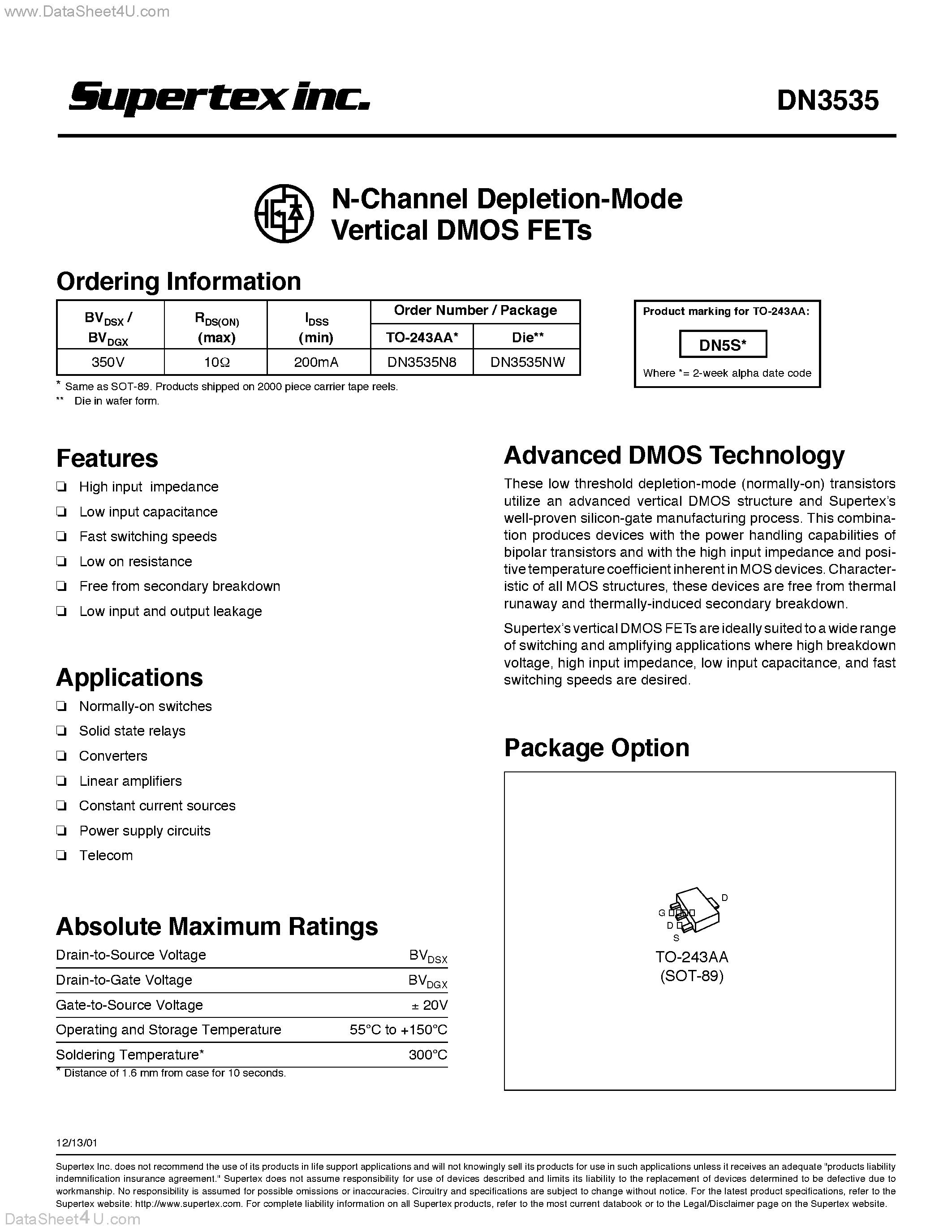 Даташит DN3535 - N-Channel Depletion-Mode Vertical DMOS FETs страница 1