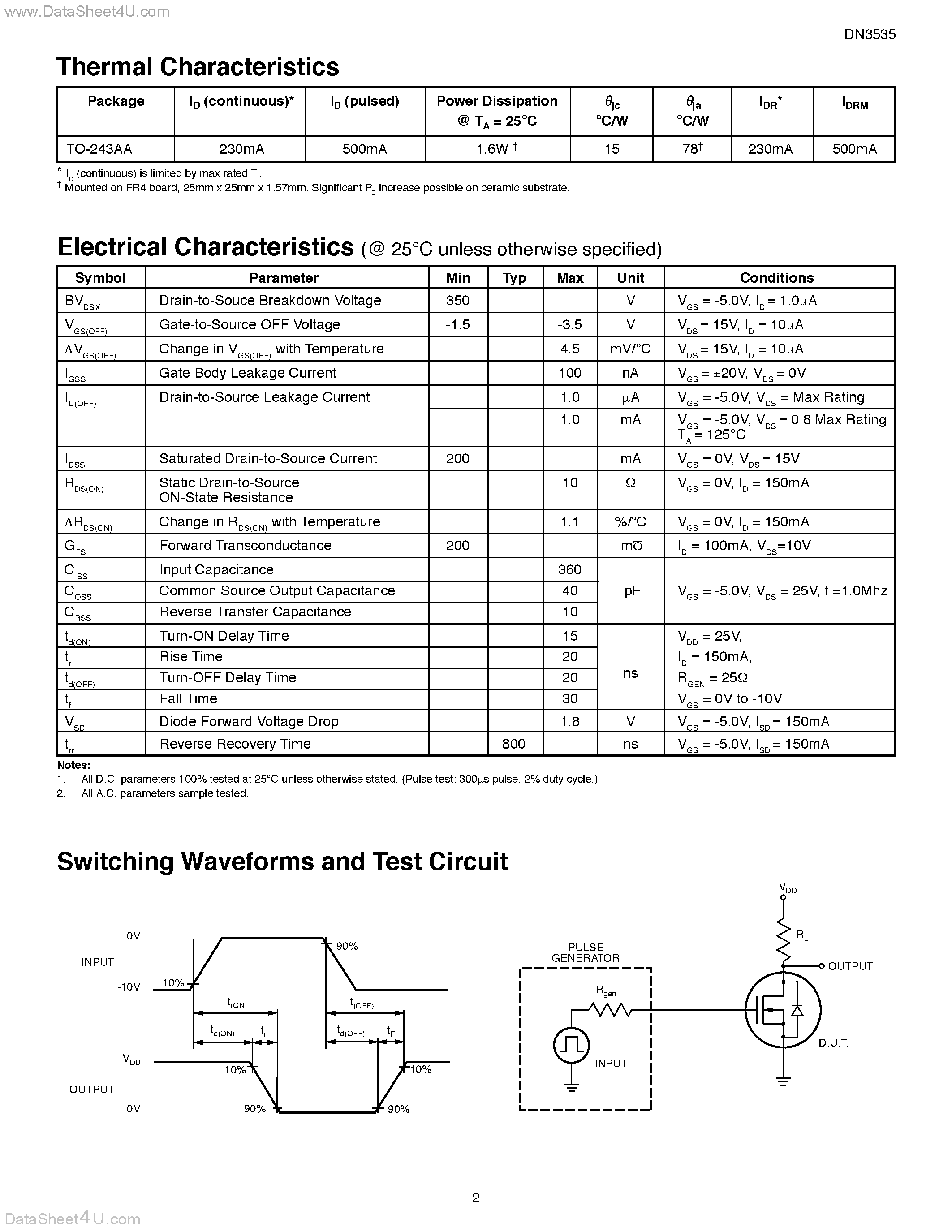 Даташит DN3535 - N-Channel Depletion-Mode Vertical DMOS FETs страница 2