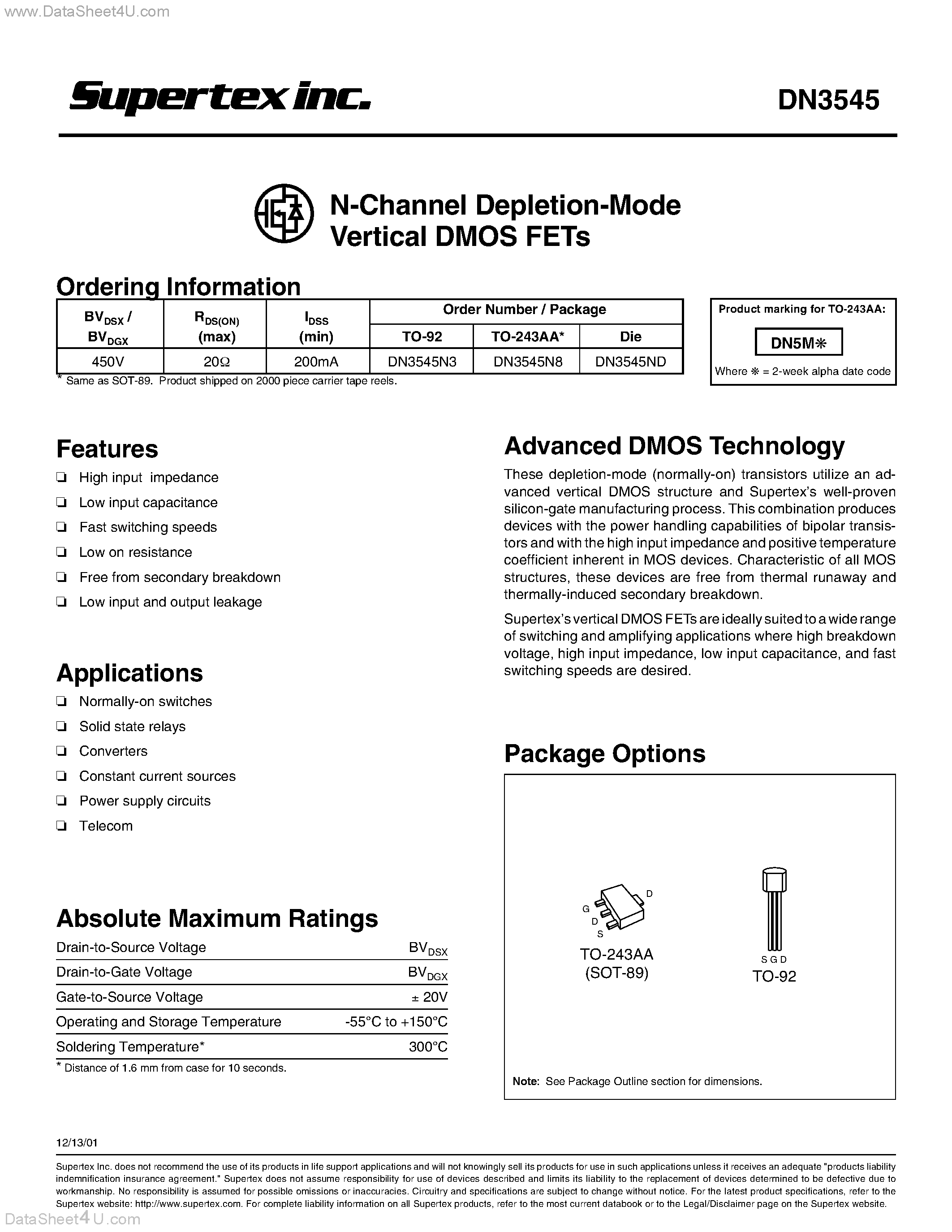 Даташит DN3545 - N-Channel Depletion-Mode Vertical DMOS FETs страница 1