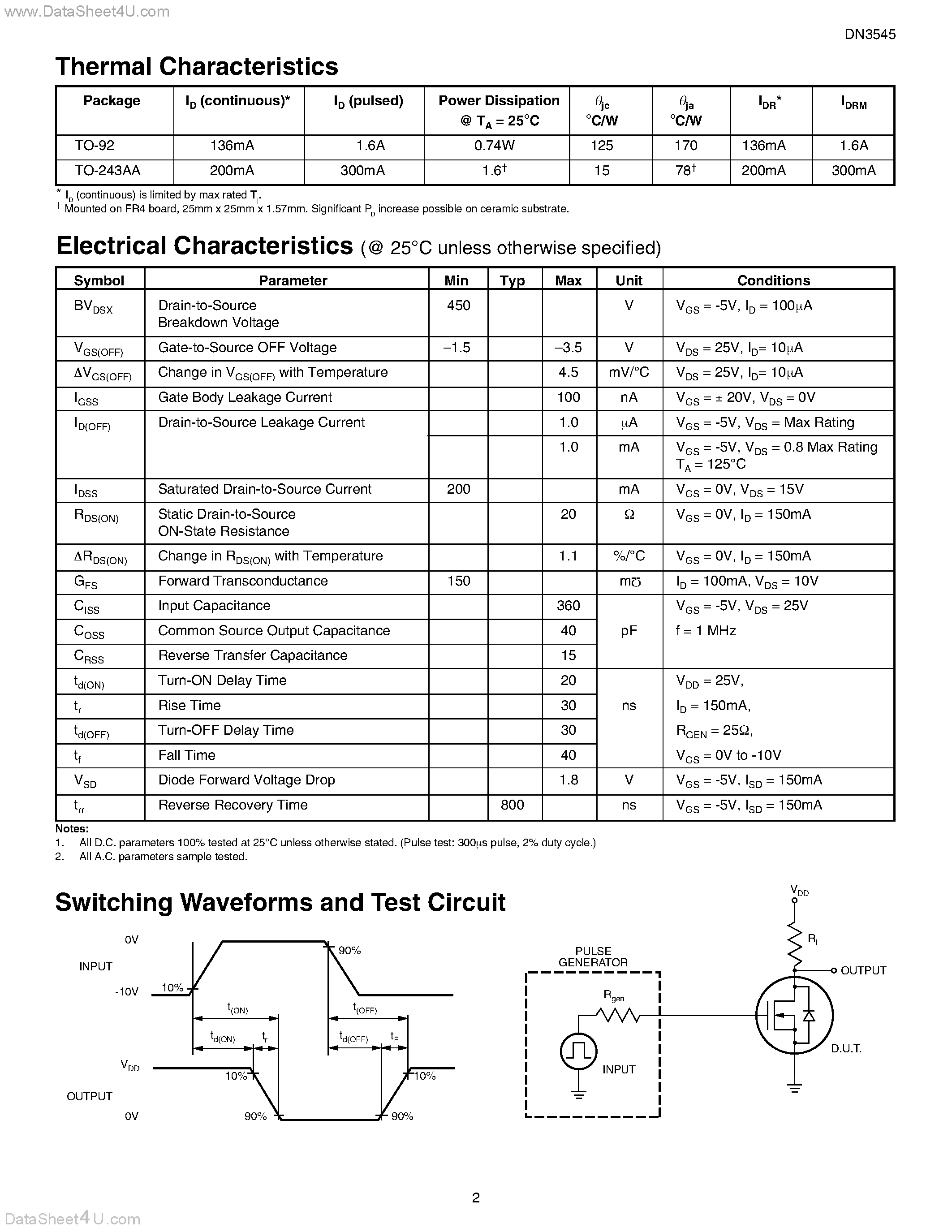 Даташит DN3545 - N-Channel Depletion-Mode Vertical DMOS FETs страница 2