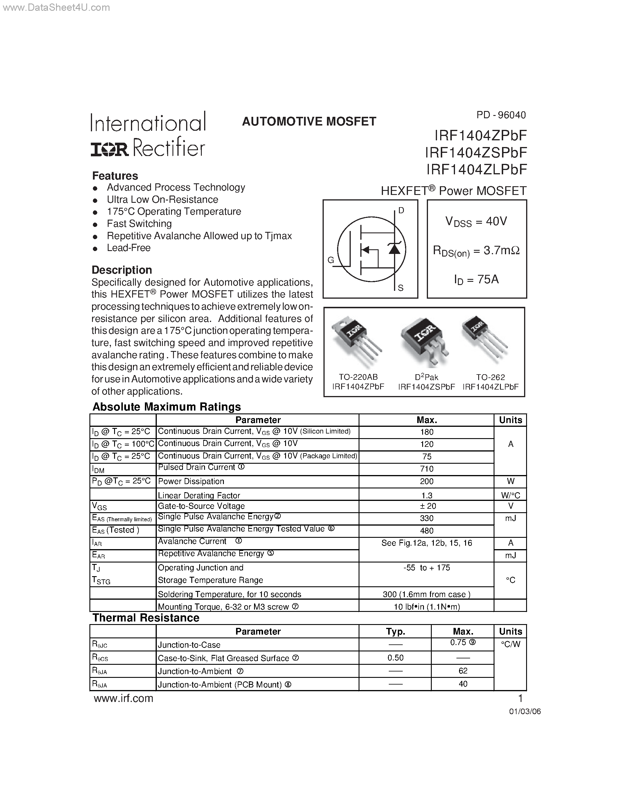 Datasheet IRF1404ZLPBF - AUTOMOTIVE MOSFET page 1