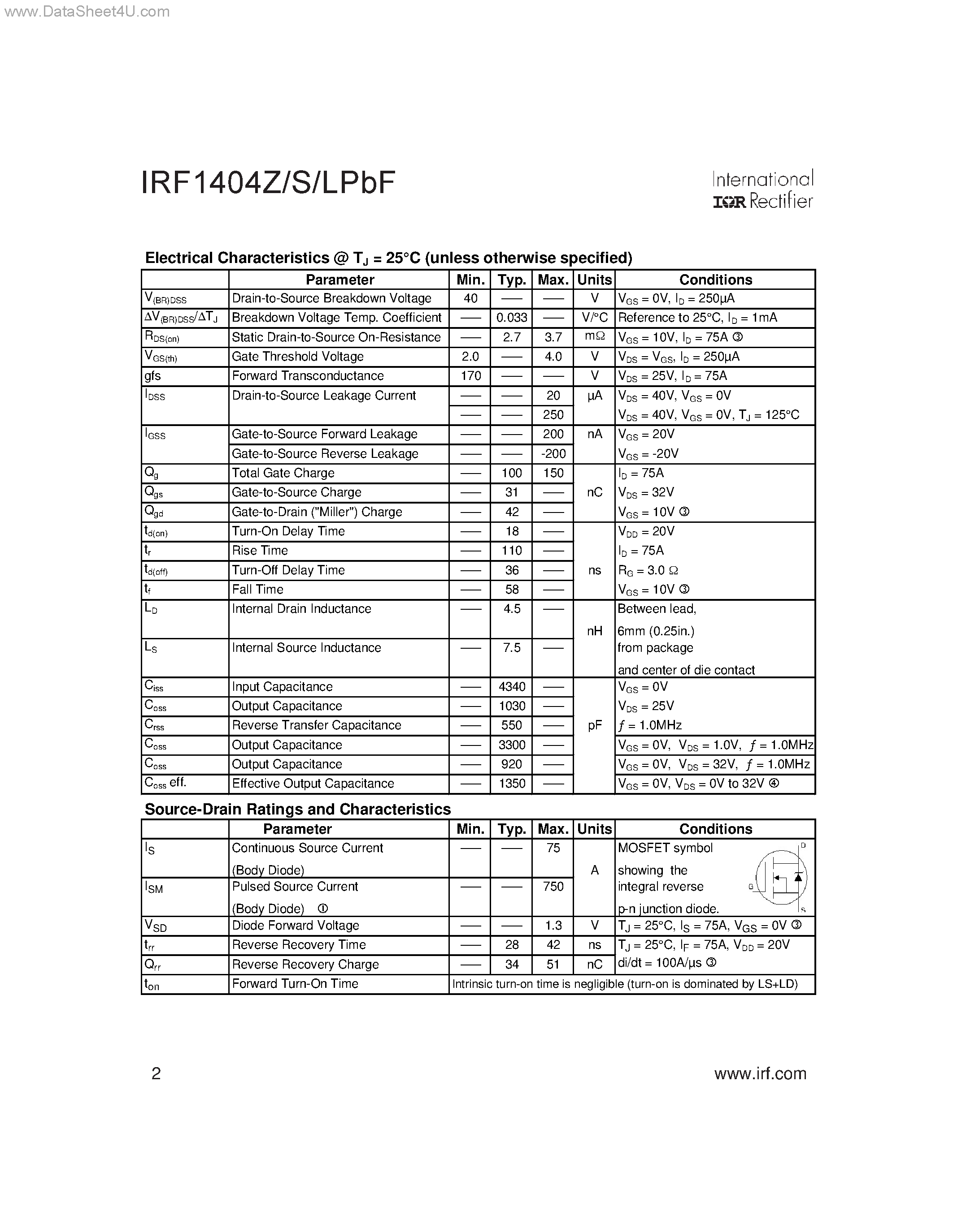 Datasheet IRF1404ZLPBF - AUTOMOTIVE MOSFET page 2