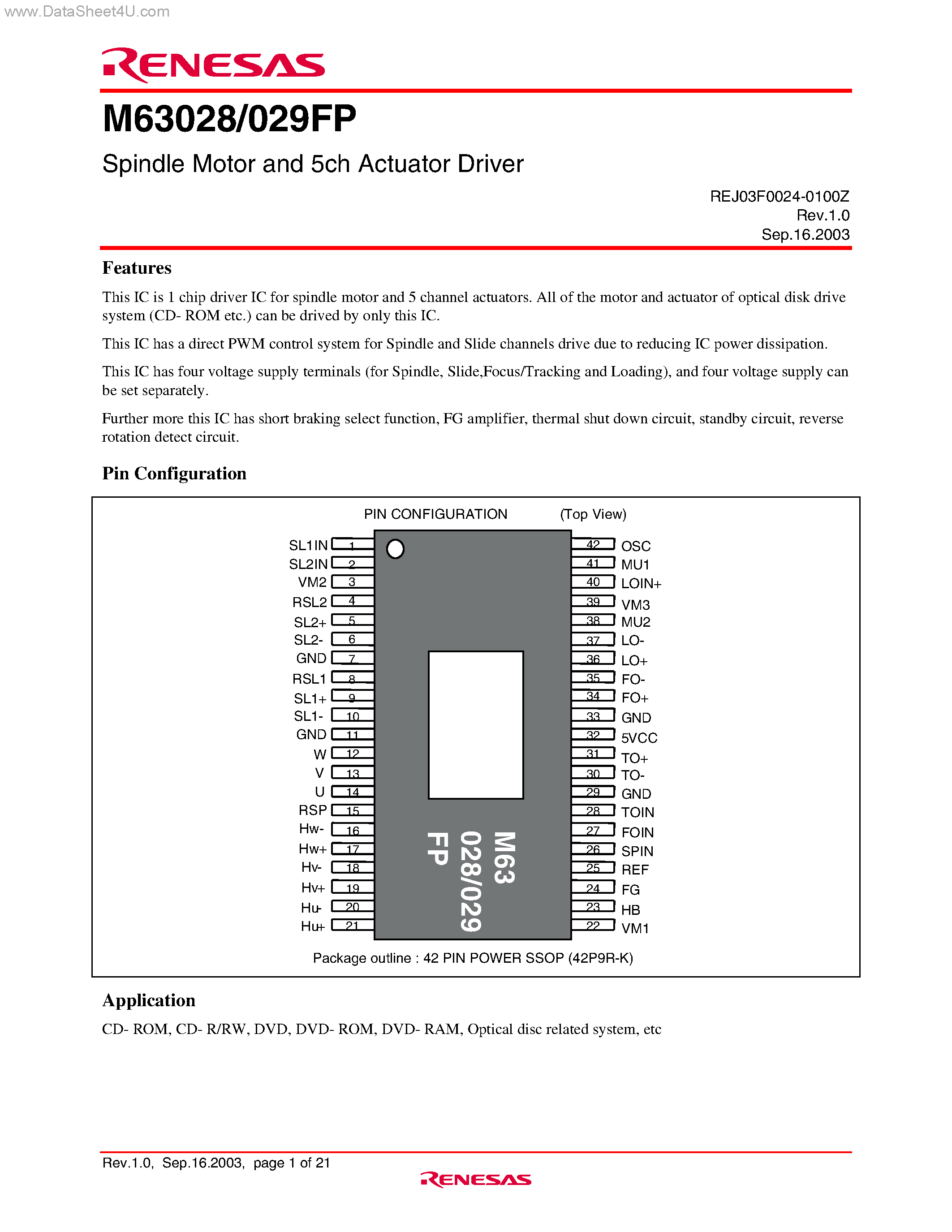 Даташит M63028 - (M63028 / M63029) Spindle Motor and 5ch Actuator Driver страница 1