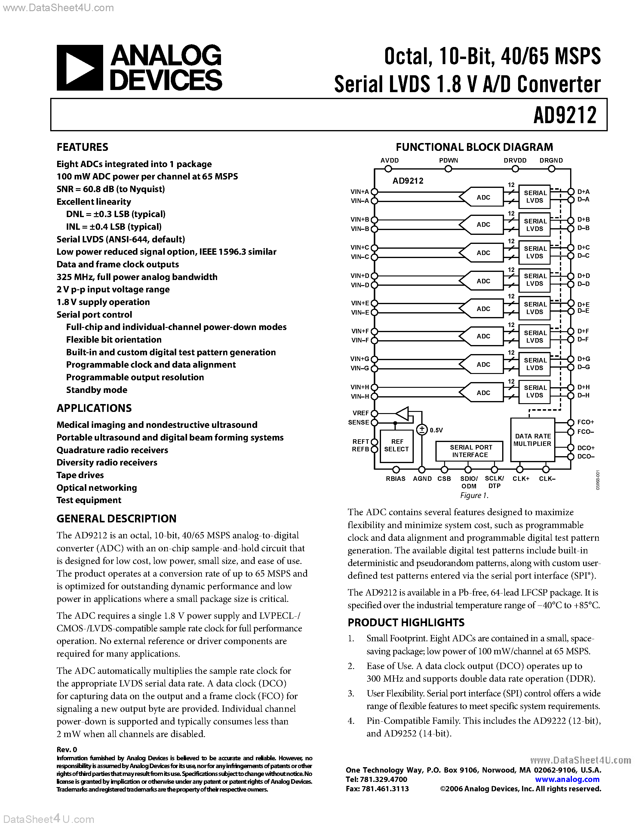 Даташит AD9212 - Serial LVDS A/D Converter страница 1