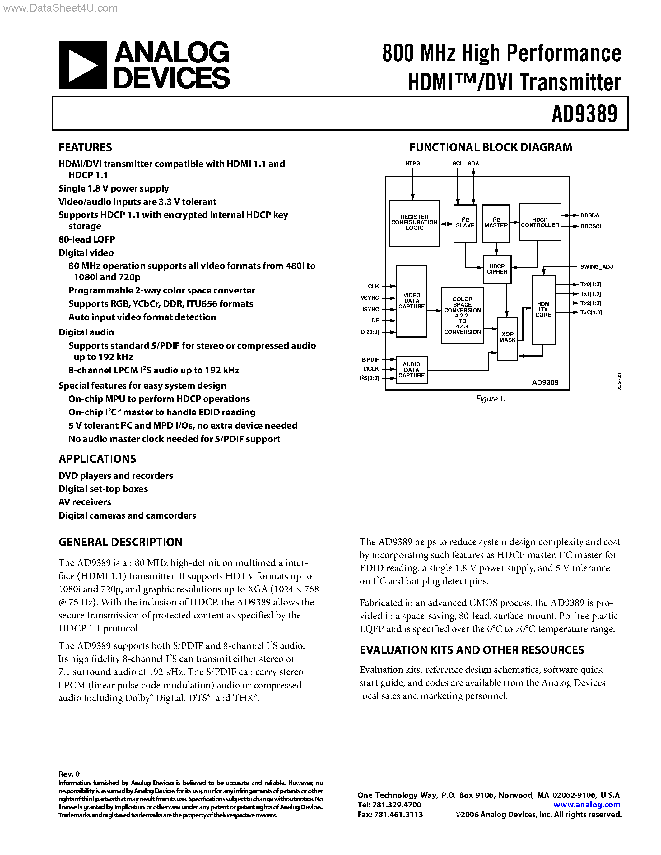 Datasheet AD9389 - 800 MHz High Performance HDMI/DVI Transmitter page 1