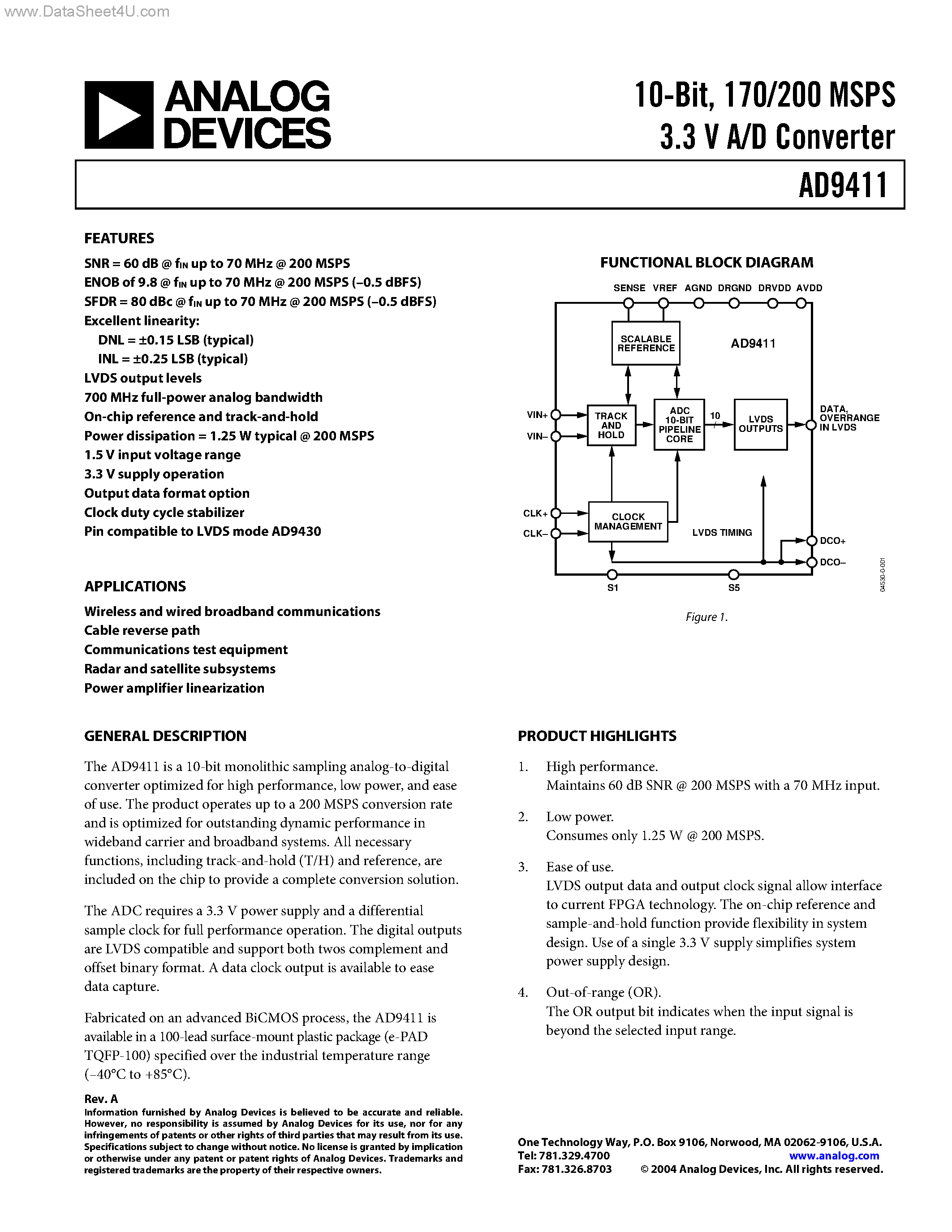 Datasheet AD9411 - 170/200 MSPS 3.3 V A/D Converter page 1