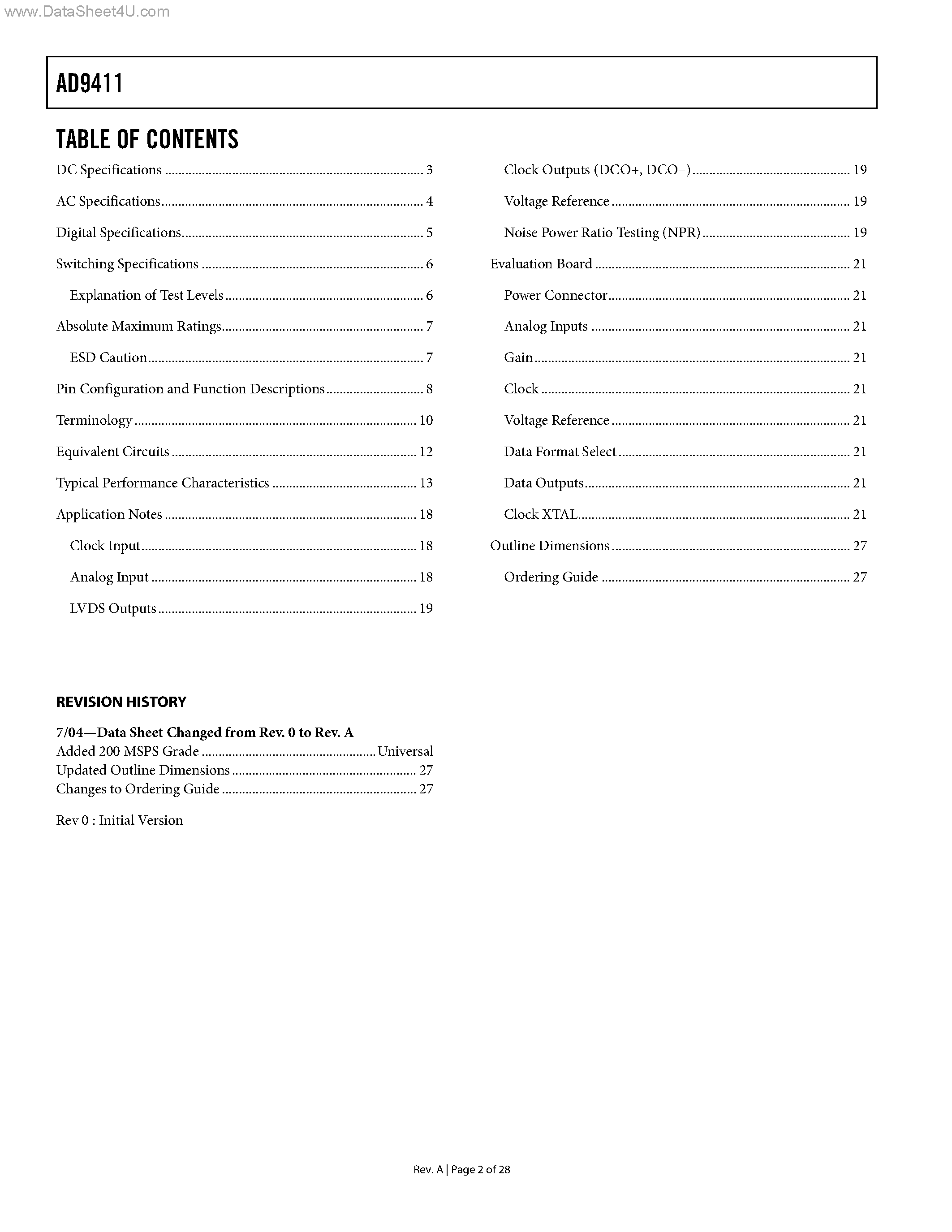 Datasheet AD9411 - 170/200 MSPS 3.3 V A/D Converter page 2