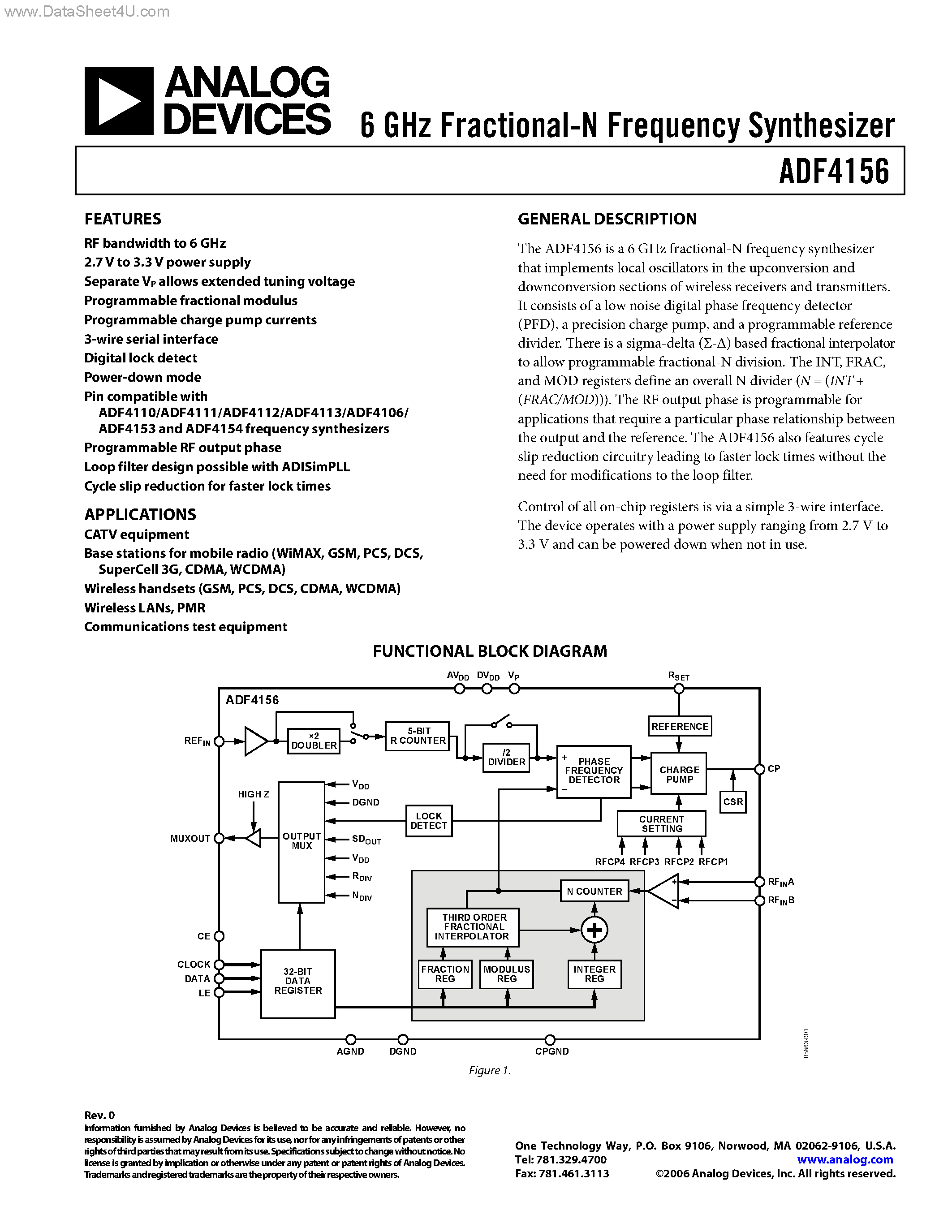 Datasheet ADF4156 - 6 GHz Fractional-N Frequency Synthesizer page 1
