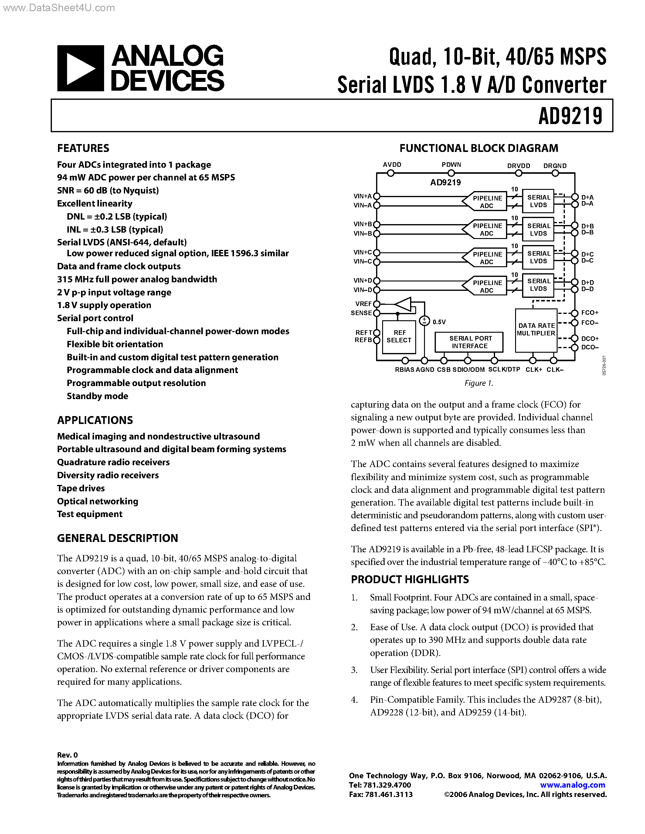 Даташит AD9219 - 40/65 MSPS Serial LVDS 1.8 V A/D Converter страница 1