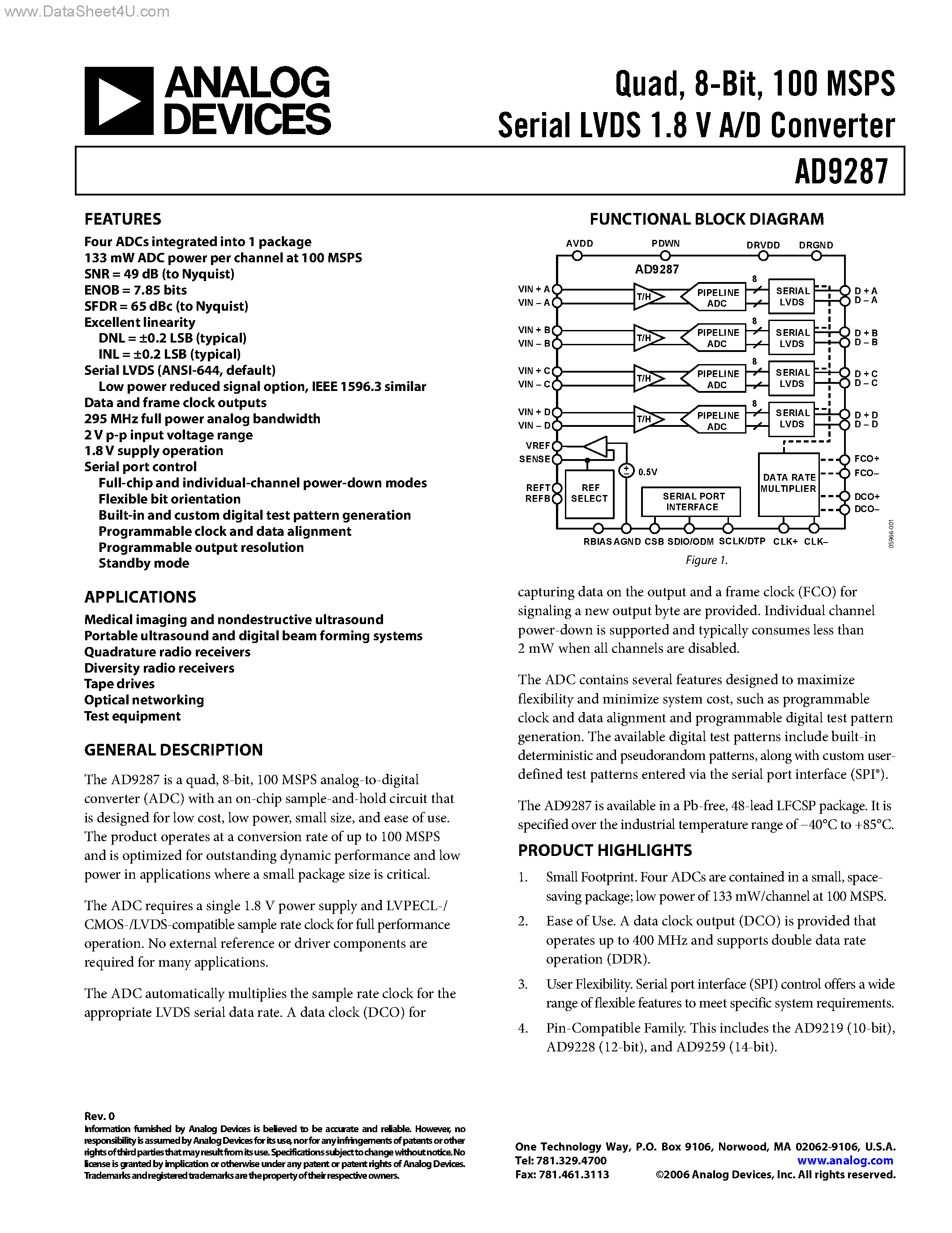 Datasheet AD9287 - 100 MSPS Serial LVDS 1.8 V A/D Converter page 1