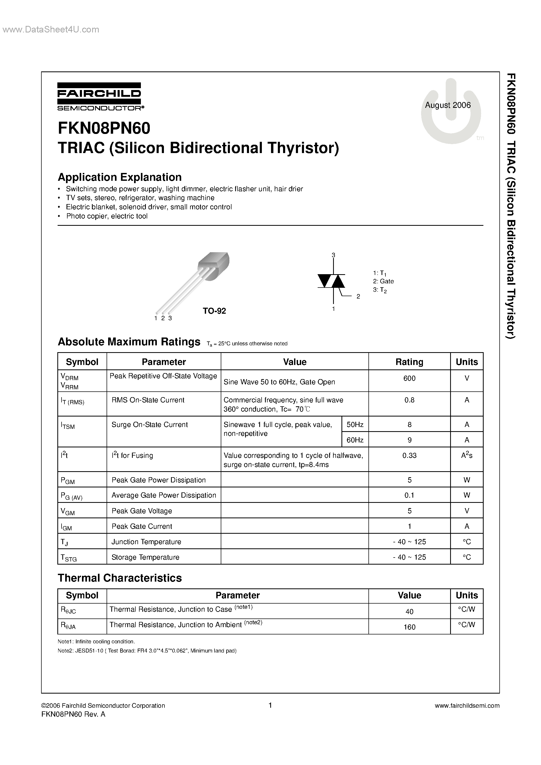 Даташит FKN08PN60 - TRIAC страница 1