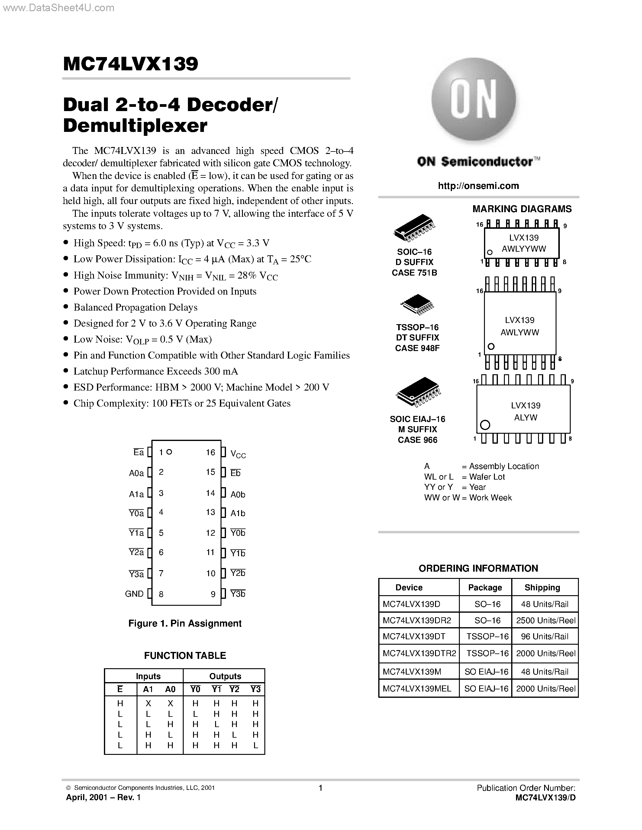 Даташит MC74LVX139 - Dual 2-to-4 Decoder/ Demultiplexer страница 1