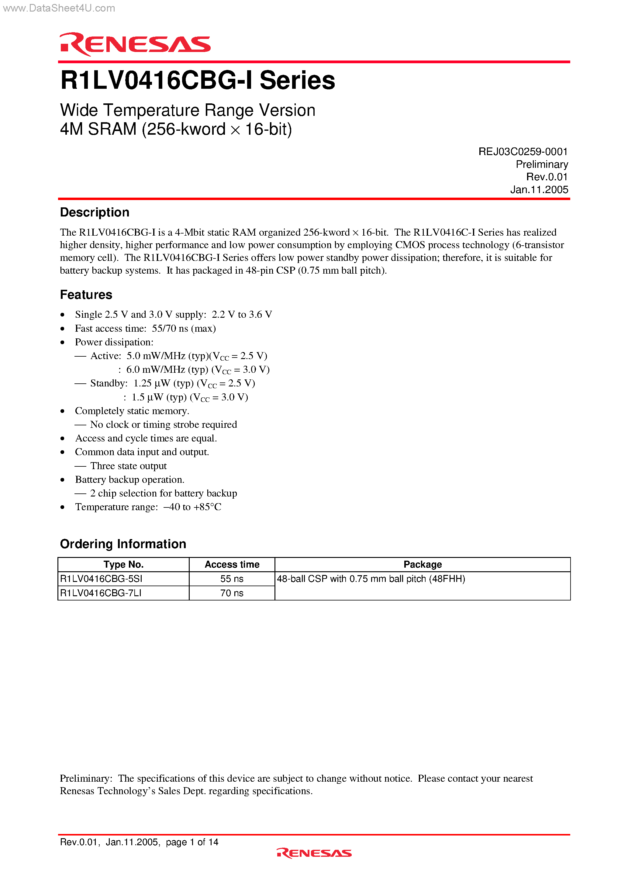Даташит R1LV0416CBG-I - Wide Temperature Range Version 4M SRAM страница 1