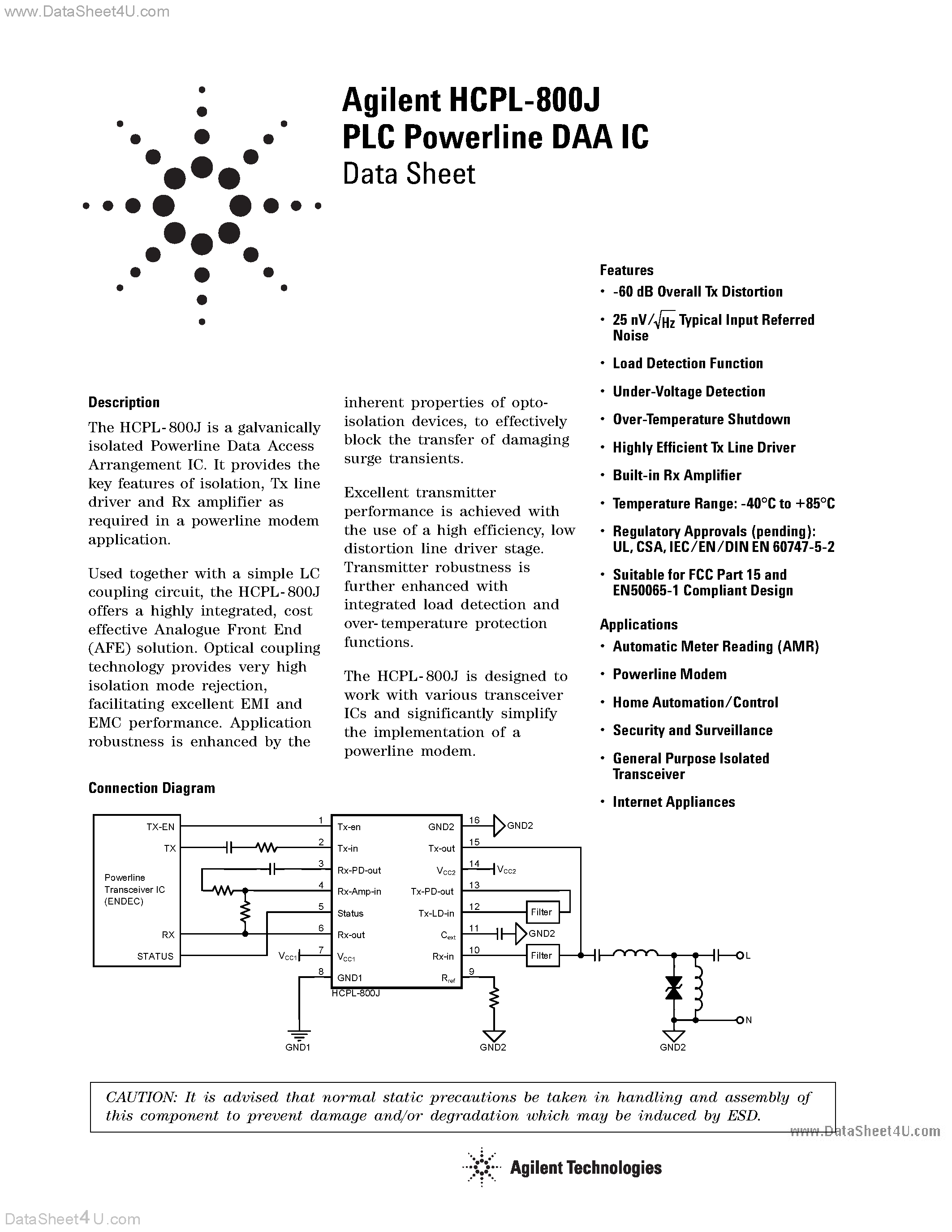 Datasheet HCPL-800J - PLC Powerline DAA IC page 1