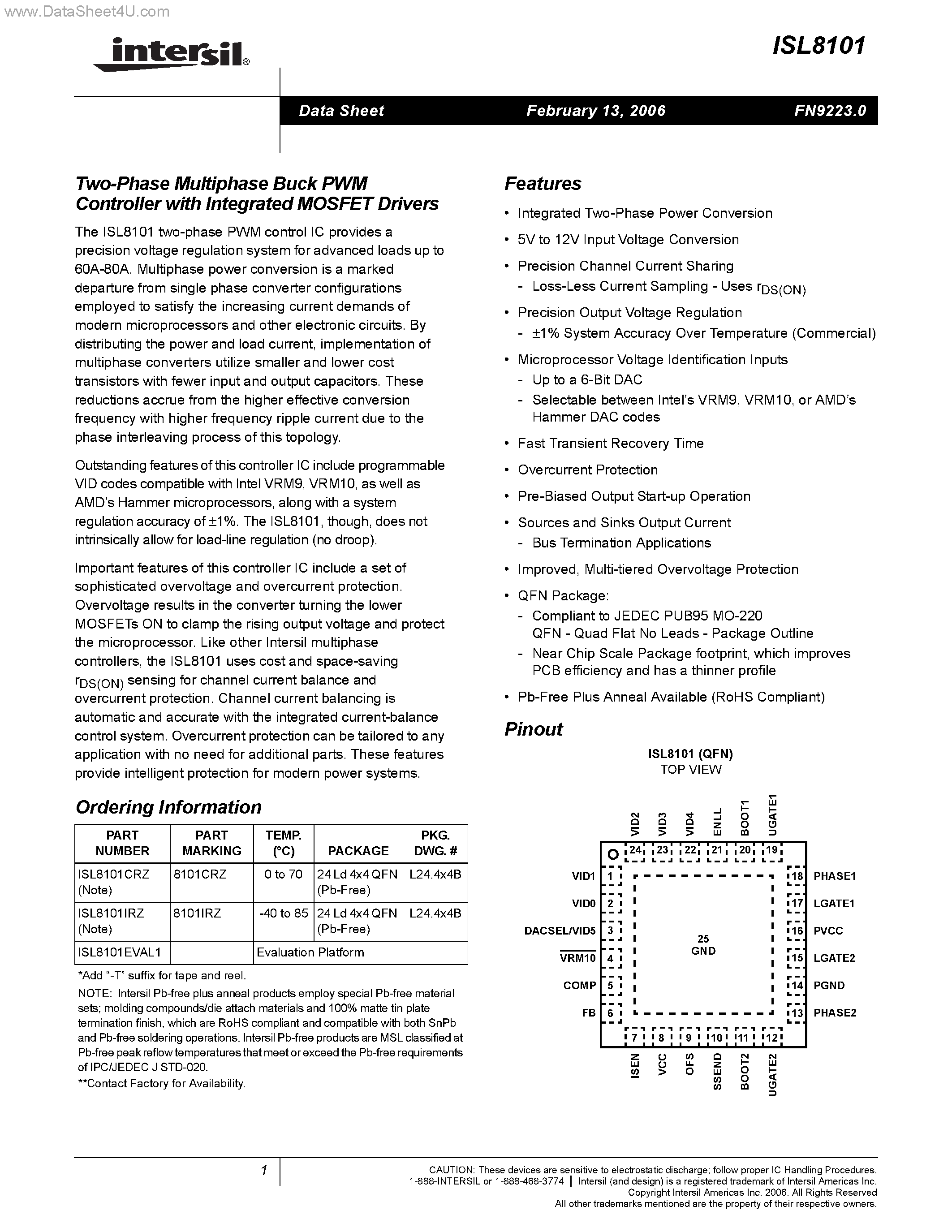 Datasheet ISL8101 - Two-Phase Multiphase Buck PWM Controller page 1